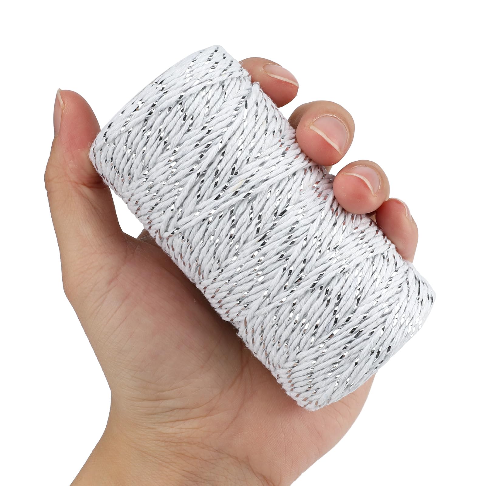 Jijacraft 328 Feet Twine String with Silver Wire - 2mm White Cotton Baker Twine for DIY Crafts, Gift Wrapping & Christmas Decorations | Heavy Duty Packaging String for Holiday Gifts, Scrapbooking & Home Decor Projects
