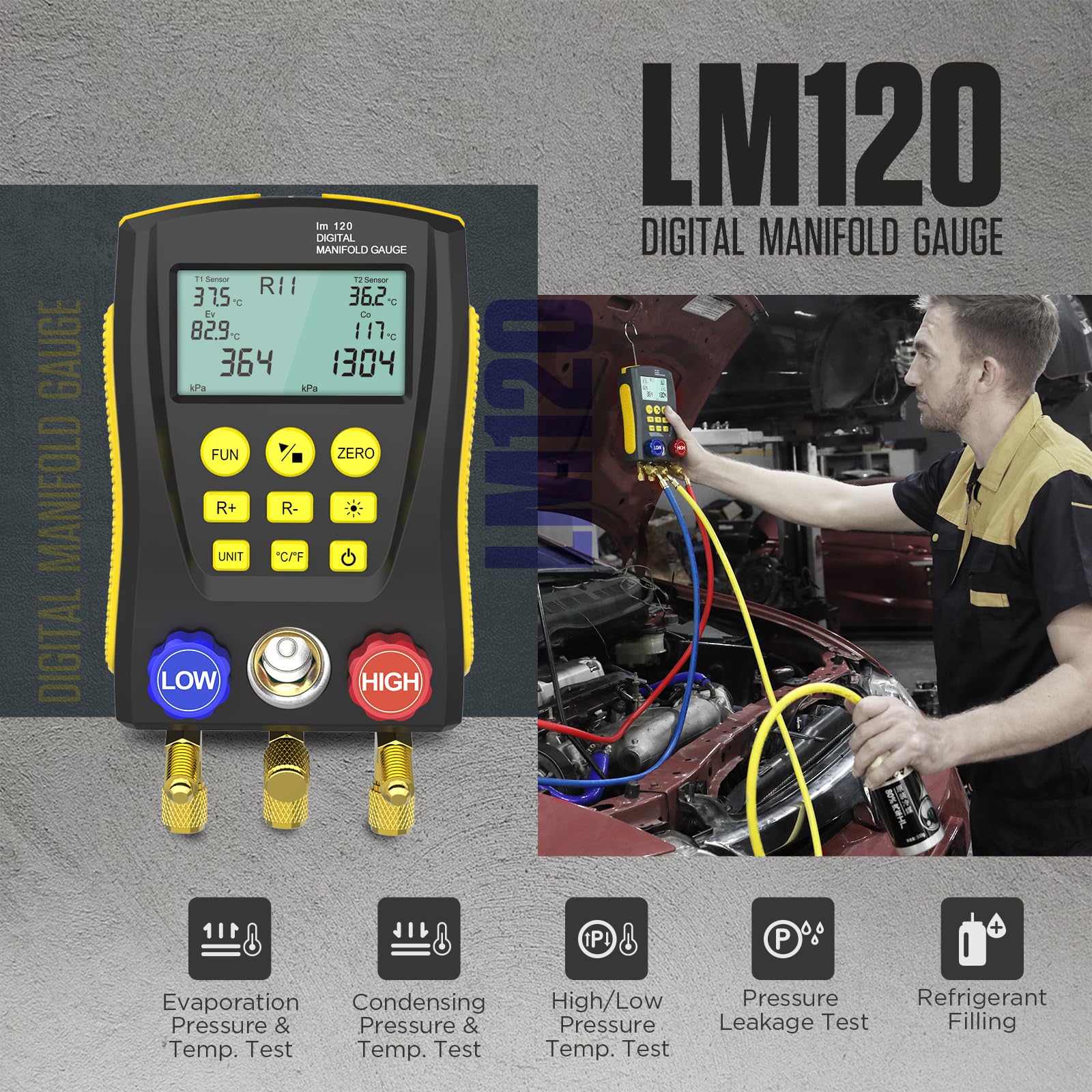 QPKING Digital Manifold Gauge Set - HVAC Refrigeration Pressure Temperature Tester with 3 Hoses & Built-in 89 Database - Professional LM120 Leak Detection Kit for AC Repair, Refrigerant Charging and HVAC System Maintenance