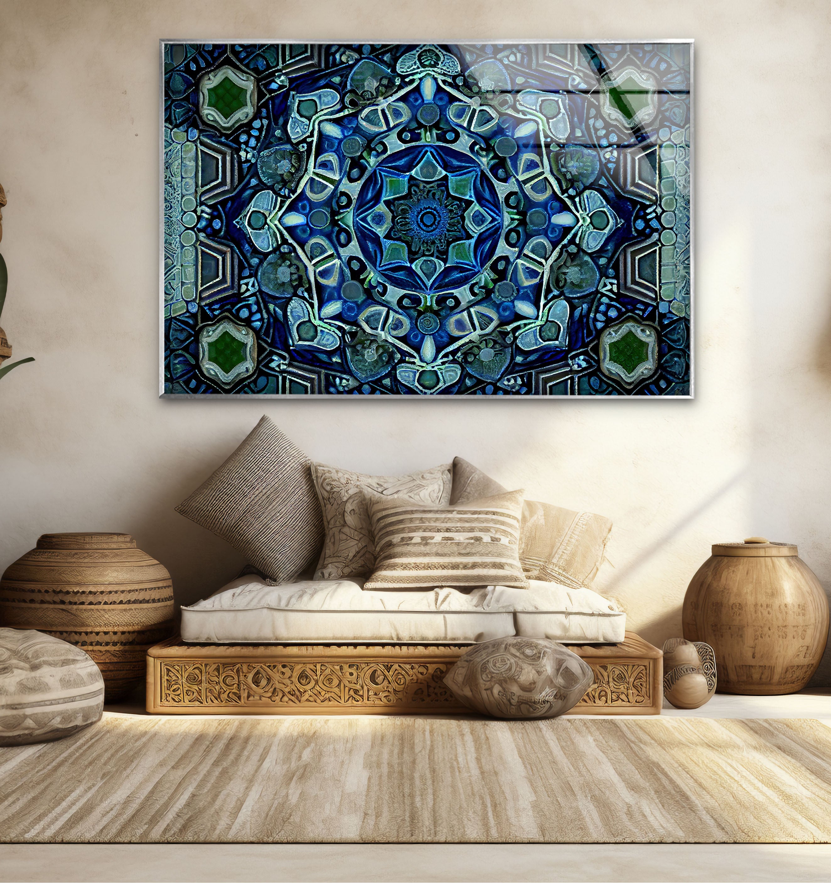 Blue Mandala Glass Wall Art – Handcrafted Intricate Geometric Design for Modern Home & Office Decor | Meditation Room, Yoga Studio & Spiritual Space Decor