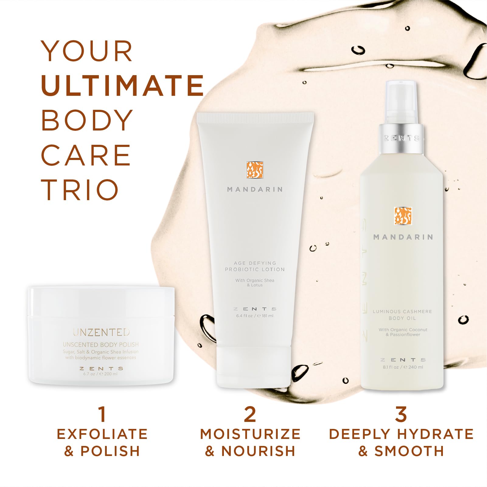 Zents Luminous Cashmere Body Oil - Mandarin Scented Travel Size (1 fl oz) | Vitamin E & Organic Coconut Oil Moisturizer for Soft, Smooth Skin | TSA Approved | Perfect for On-the-Go Hydration & Spa-Like Self Care