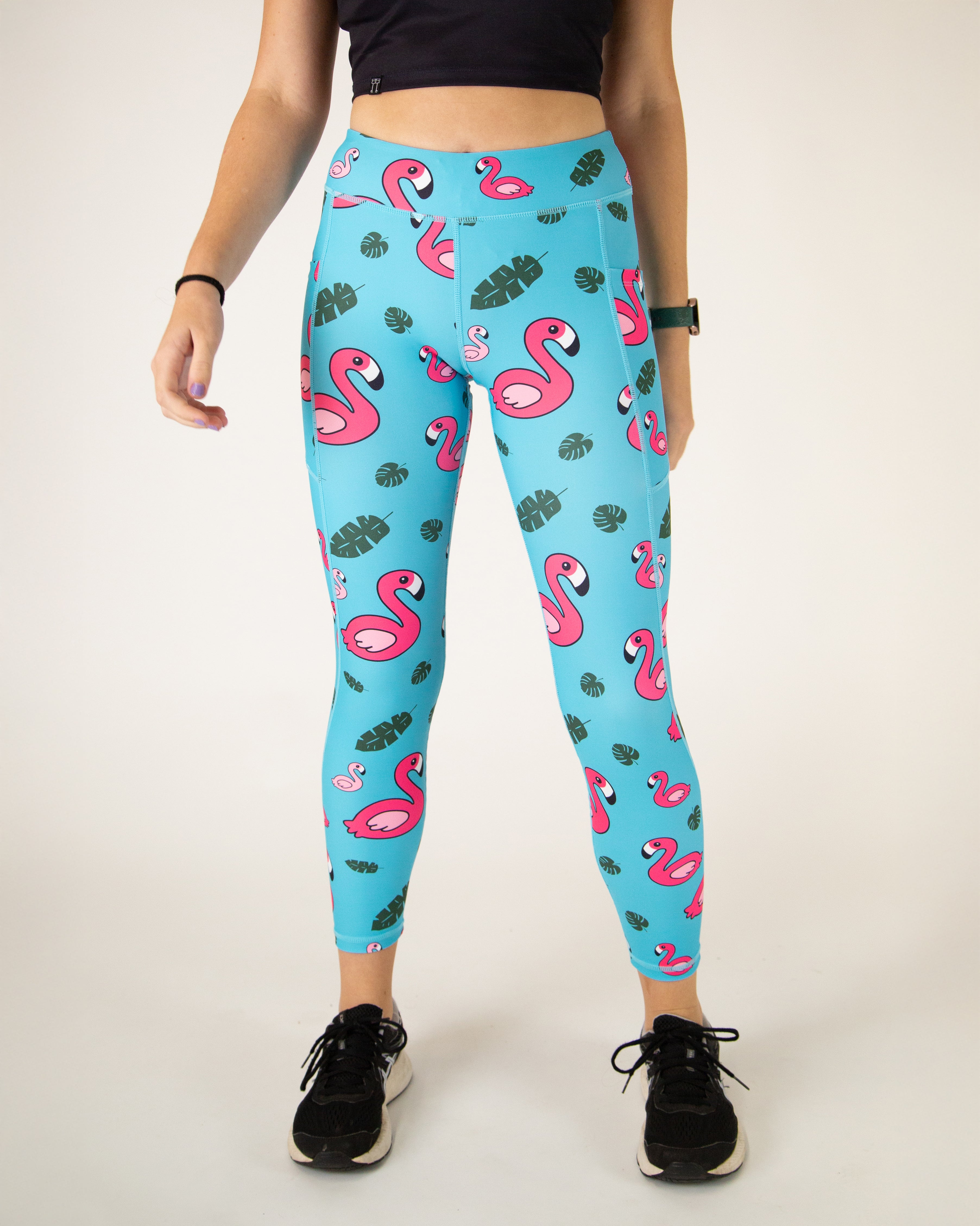 Women's Blue Flamingo Print Yoga Leggings - High Waisted Stretchy Workout Pants for Running, Gym & Lounge Wear