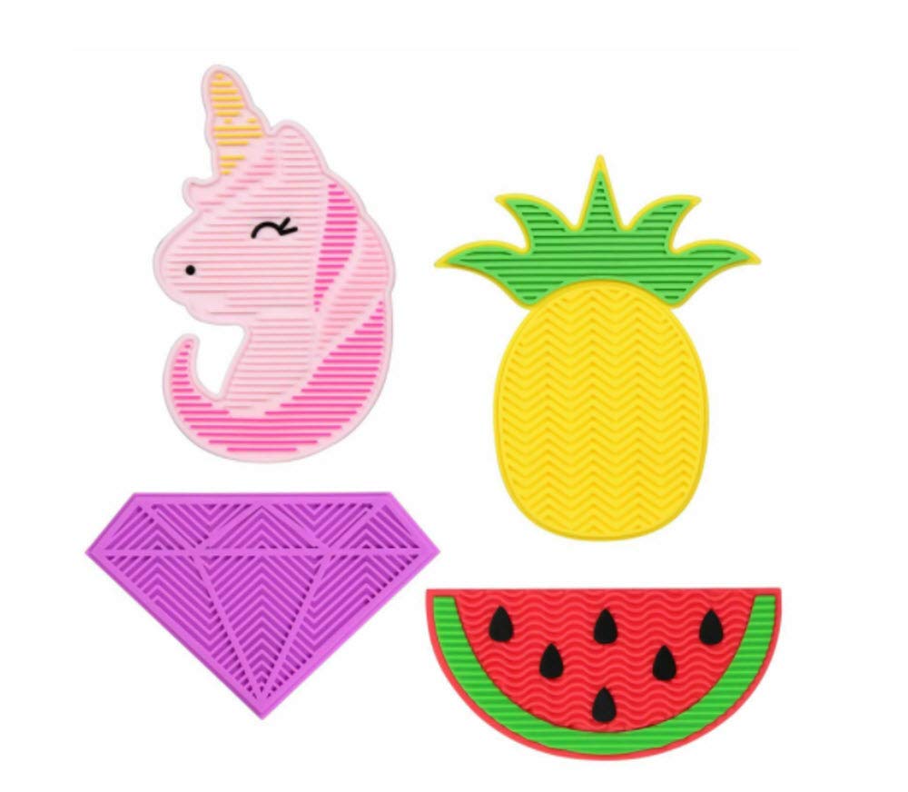 4 Pack Makeup Brush Cleaning Mats - Pineapple, Watermelon, Unicorn & Diamond Designs | Silicone Brush Cleaner for Cosmetics Tools | Perfect for Home Salon & Professional Makeup Artists