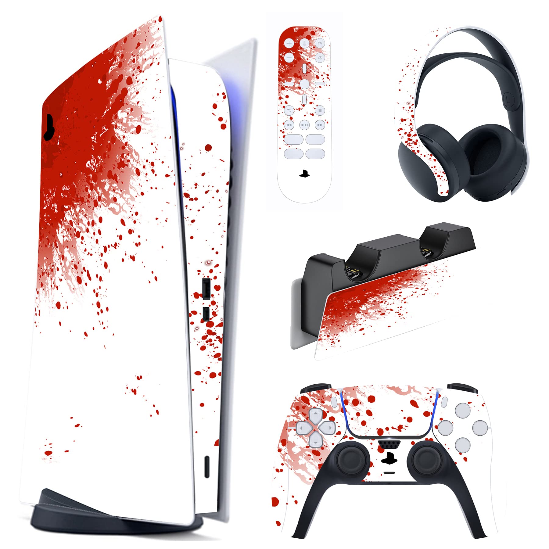 PlayVital Blood Splash Full Set Vinyl Skin Decal for PS5 Console Digital Edition - Protective Sticker Cover for PS5 Controller, Charging Station, Headset & Media Remote - Perfect for Gaming Setup & Customization