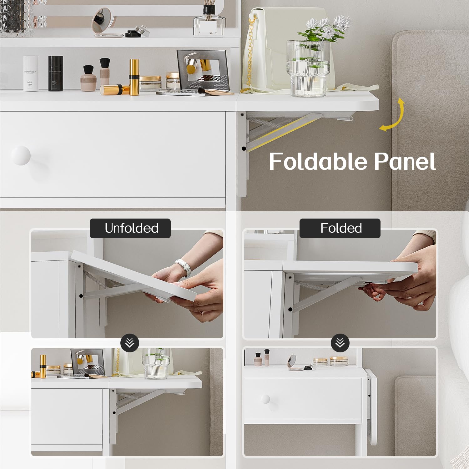 Haewon White Small Vanity Desk Set with Mirror & LED Lights - Compact Makeup Table with Charging Station, Storage & Chair - Perfect for Small Bedrooms, Dorm Rooms & Apartment Beauty Stations