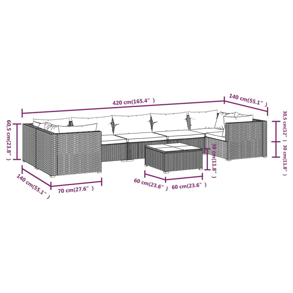 vidaXL 8-Piece Patio Lounge Set - Brown Poly Rattan Outdoor Furniture with Sturdy Steel Frame, Water-Resistant PE Wicker & Comfortable Green Cushions - Perfect for Garden, Poolside, Backyard and Terrace Relaxation