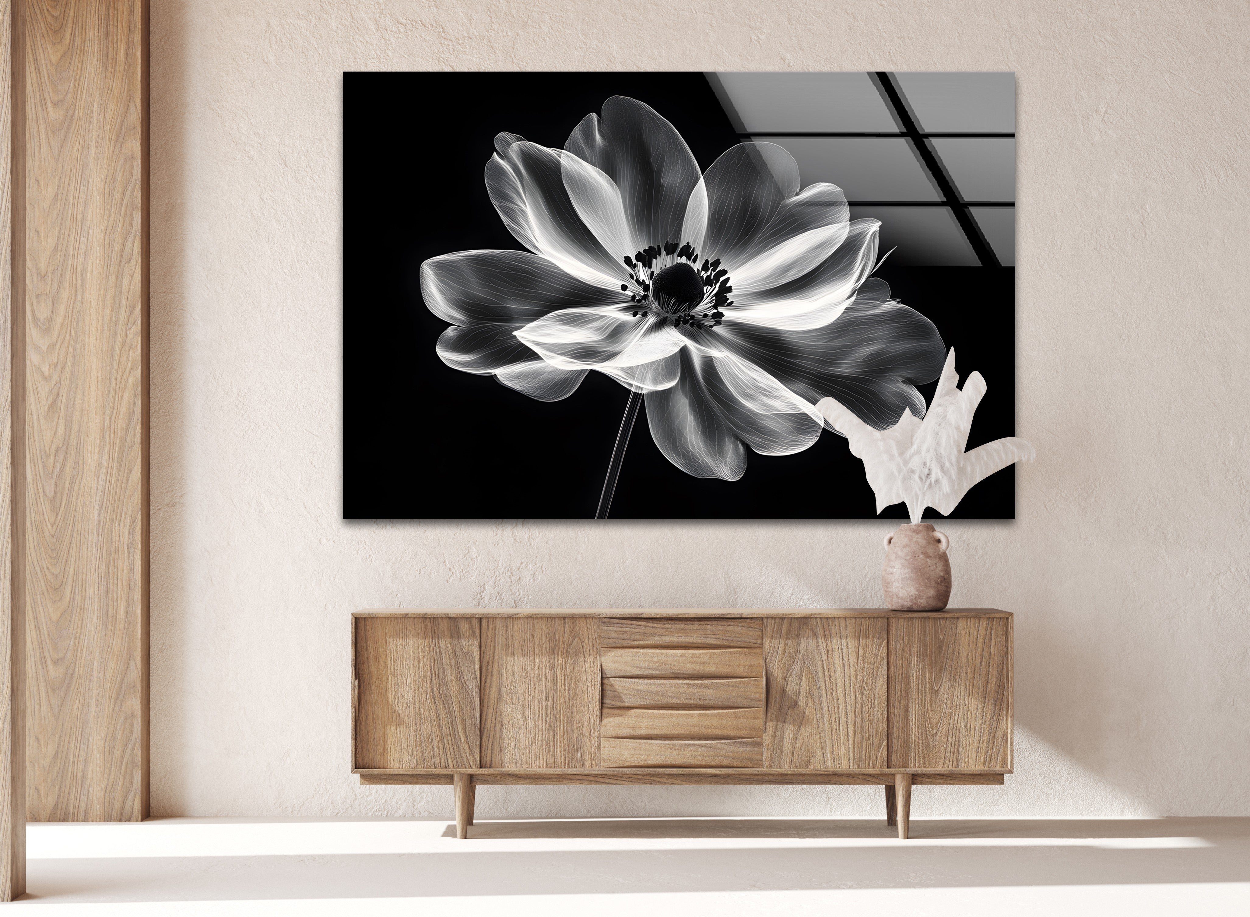 Black and White Floral Wall Art - Elegant Glass Canvas Print for Home & Office Decor | Perfect for Living Room, Bedroom, or Office Wall Decor