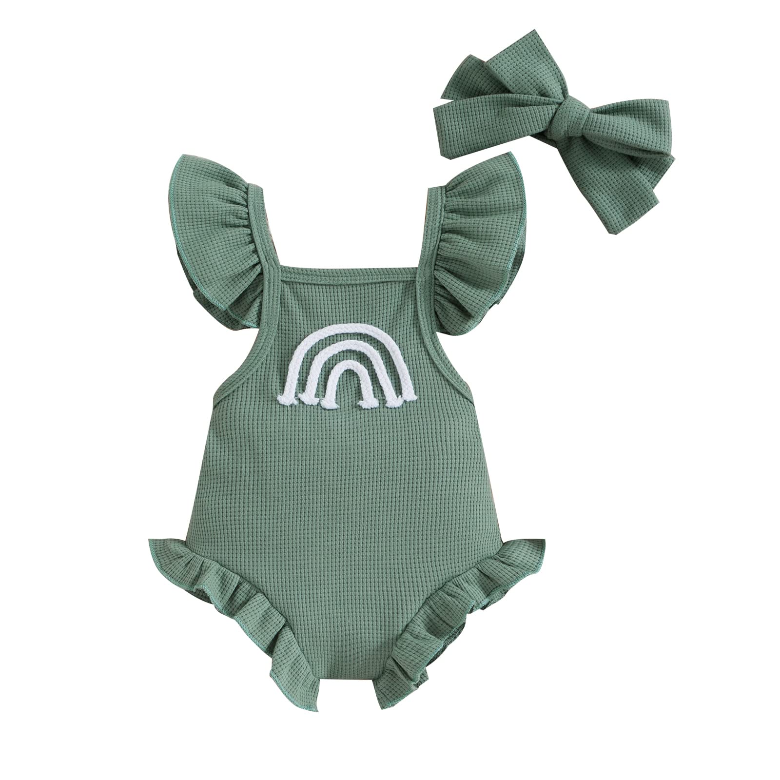 Adorable Newborn Baby Girl Outfit - Rainbow Waffle Knit Ruffled Romper & Headband Set | Sleeveless Backless Bodysuit Jumpsuit for Infants | Perfect for Photoshoots, Birthday Parties & Special Occasions