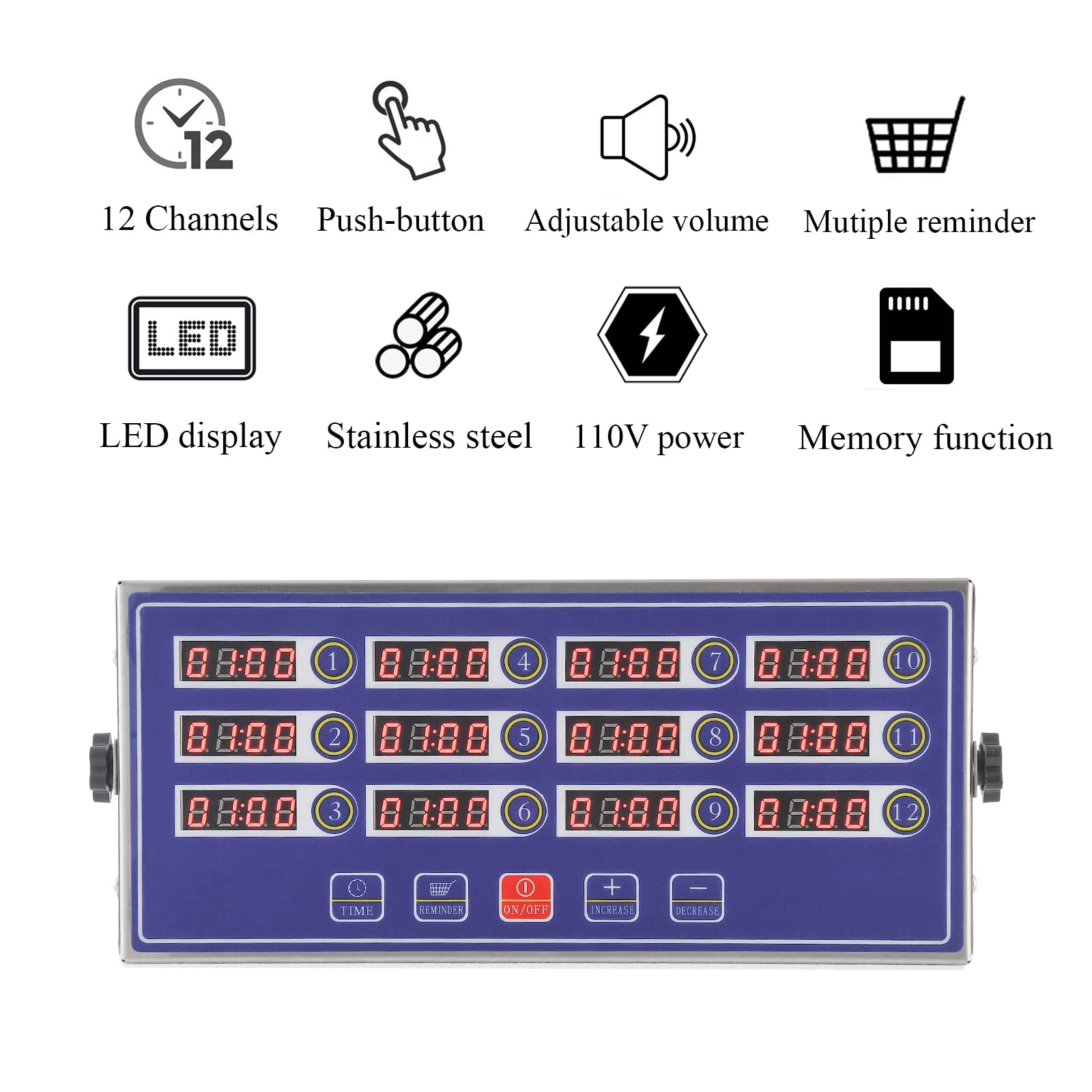12-Channel Digital Kitchen Timer with Loud LED Display - Stainless Steel Countdown Timer for Restaurants, Pizza, Coffee, Fast Food & Fries Cooking - Perfect for Commercial Kitchens & Food Service
