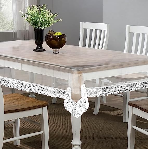 Kuber Industries 70x45 Inch Waterproof White Lace Transparent Dining Table Cover - Fits 4 Seater Tables, Elegant Tablecloth for Restaurants, Weddings & Home Decor