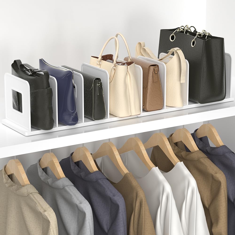 Adjustable Purse Organizer for Closet Shelf - 10 Divider Handbag Storage Organizer with Shelf Dividers - White | Perfect for Closet Organization & Purse Display