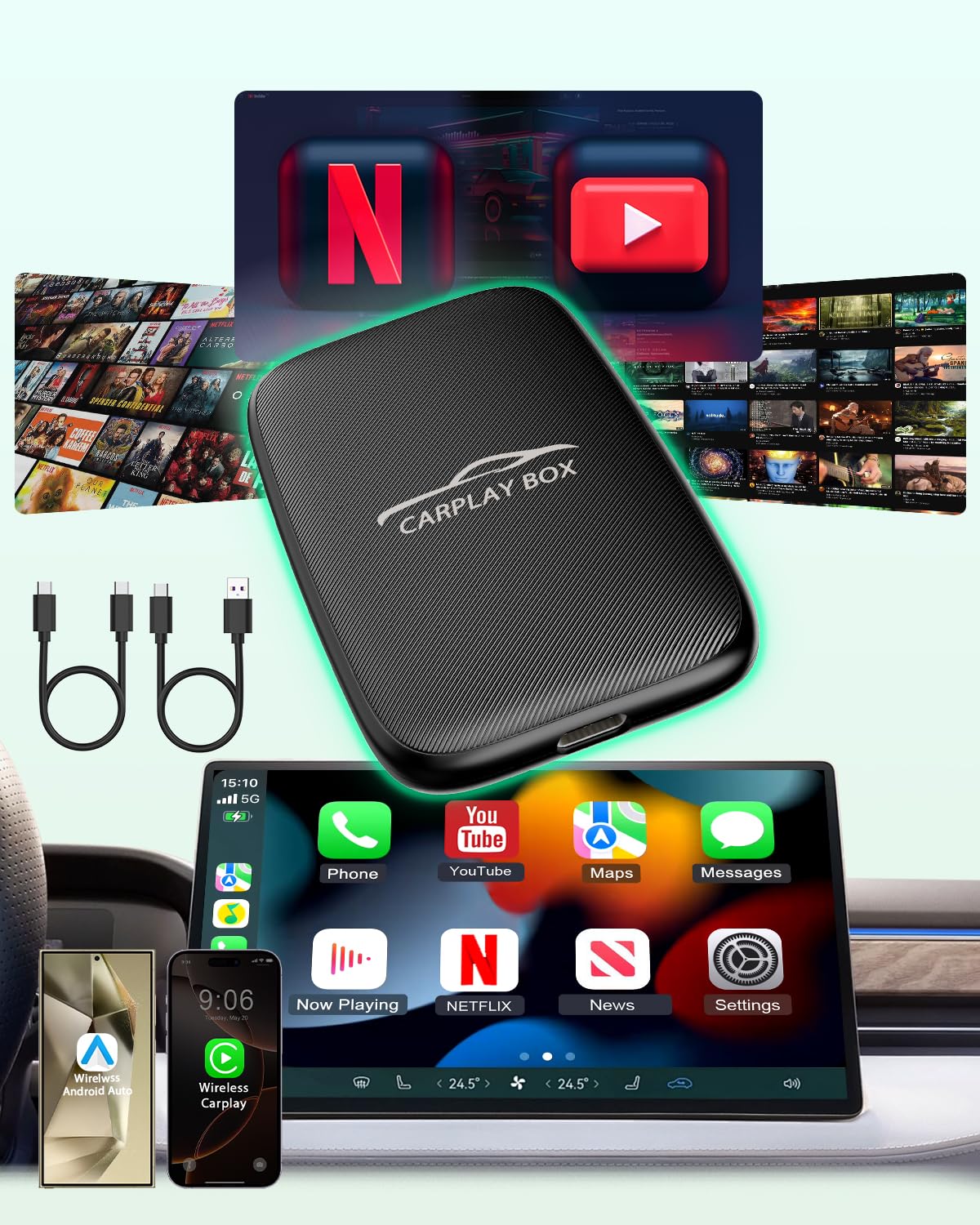 5-in-1 Wireless CarPlay Adapter with Netflix & YouTube Support | 2025 Wireless CarPlay & Android Auto Dongle | Wired to Wireless Converter | Magic CarPlay AI Box for iPhone & Android | Perfect for Long Road Trips & In-Car Entertainment