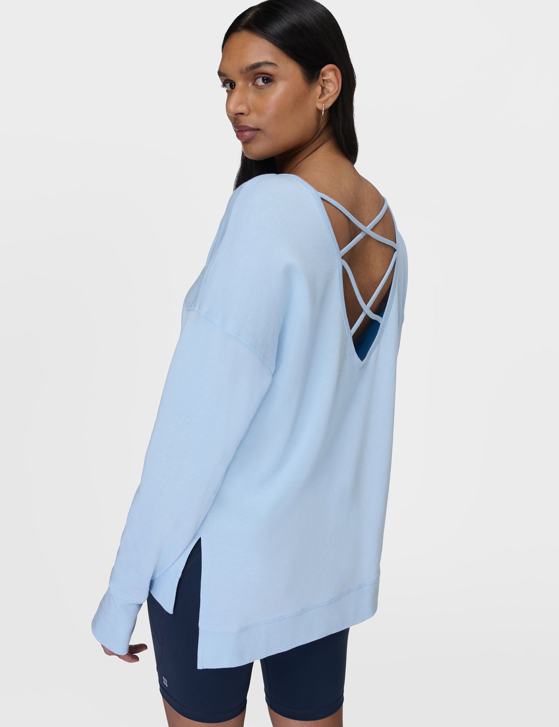 After Class Cross Back Sweatshirt for Women - Comfortable Breeze Blue Pullover | Perfect for Casual Wear, Lounging & College Campus Fashion