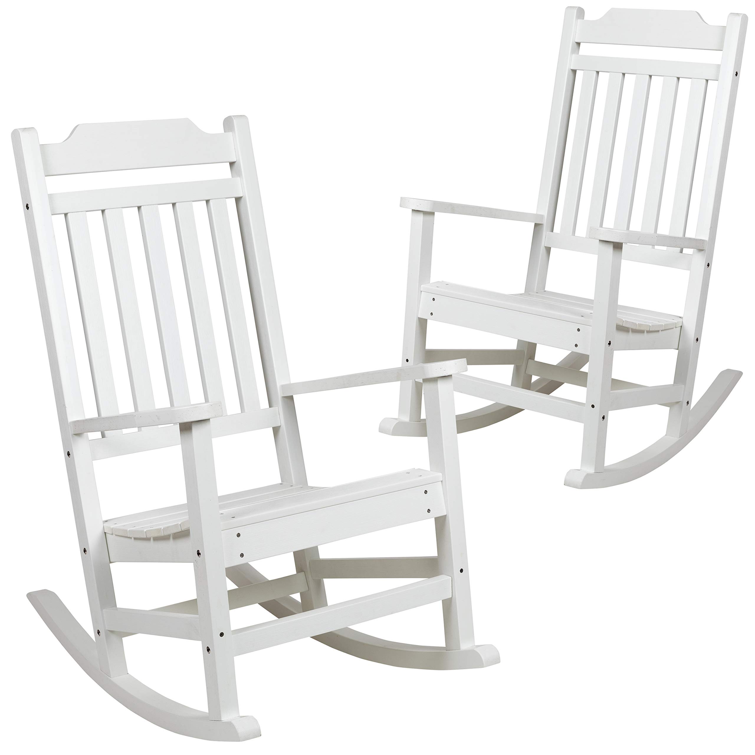 EMMA + OLIVER Set of 2 All-Weather White Poly Resin Rocking Chairs - Faux Wood Outdoor Patio Furniture for Garden, Porch & Backyard Relaxation