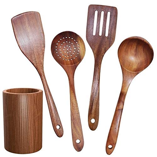 Premium Teak Wooden Kitchen Utensil Set - 5-Piece Non-Stick Cookware Safe Cooking Tools with Stand | Wooden Spoons, Shovel & Tableware for Baking, Stirring & Serving | Eco-Friendly Kitchen Accessories