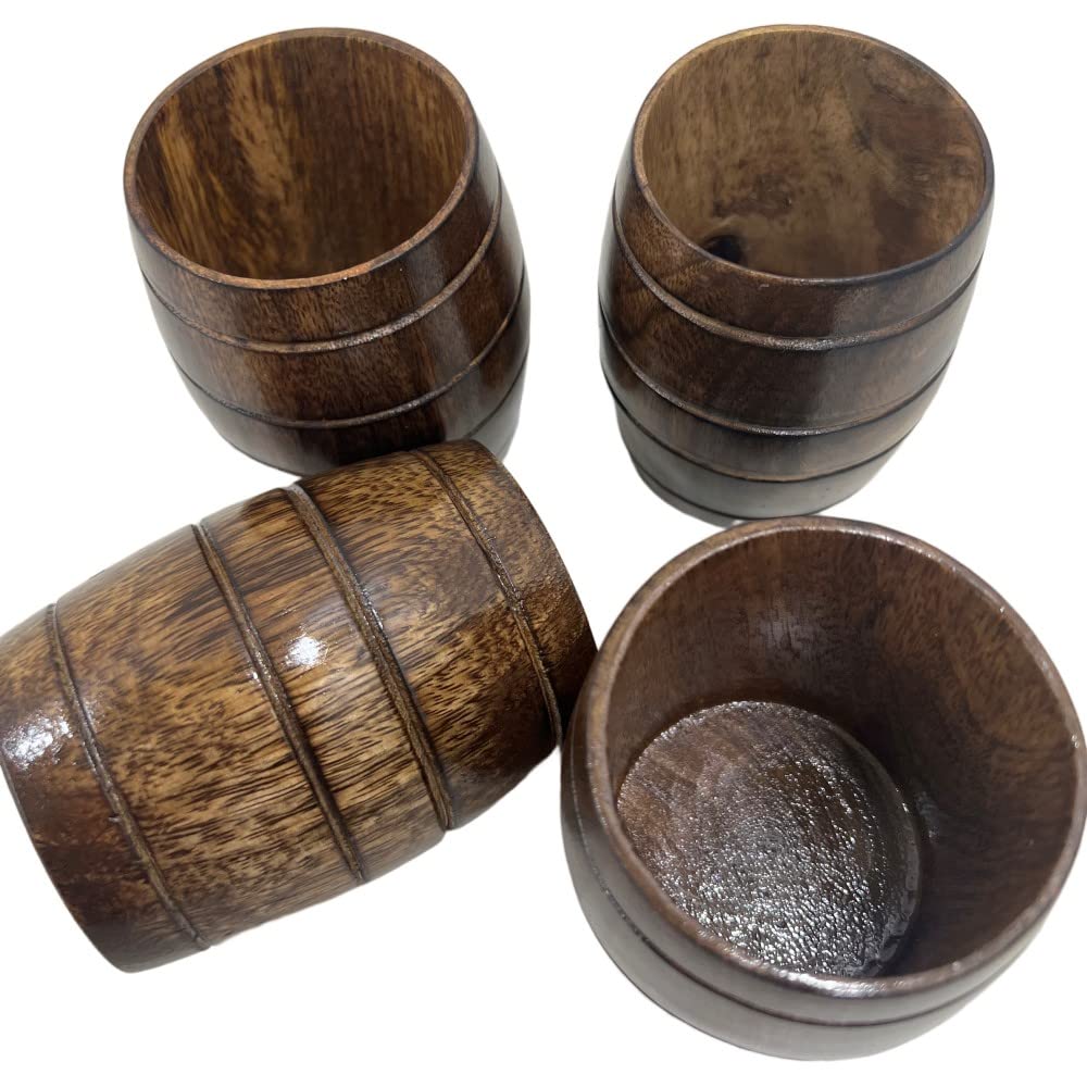 Premium Handmade Wooden Barrel-Shaped Tea Mugs - Set of 4 Natural Solid Wood Drinking Cups for Coffee, Tea & Hot Beverages - Rustic Home Decor & Gift Idea for Tea Lovers