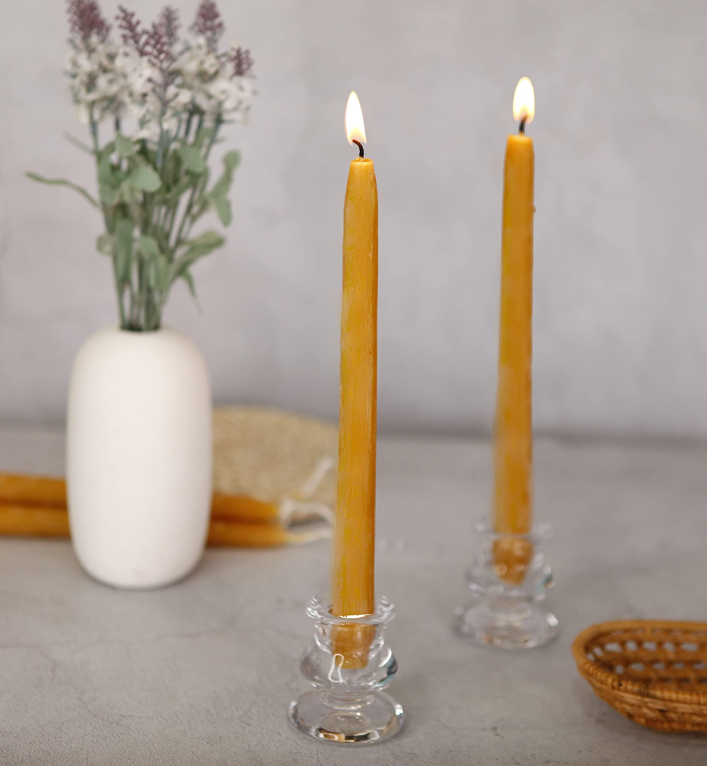 Natural Beeswax Taper Candles 12-Pack - 8 Inch Unscented, Smokeless & Dripless Long-Lasting Candles (8-Hour Burn Time) for Home Decor, Romantic Dinners, Wedding Centerpieces & Holiday Celebrations