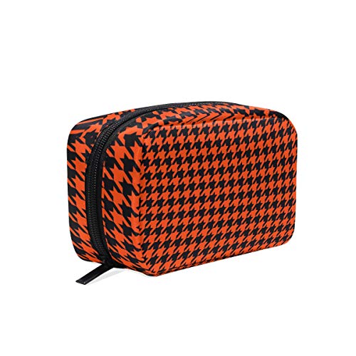 Orange Black Houndstooth Tartan Makeup Bag - Waterproof Cosmetic Organizer for Travel, Train Case & Toiletry Storage - Perfect for Women's Beauty Essentials, Gym & Weekend Getaways