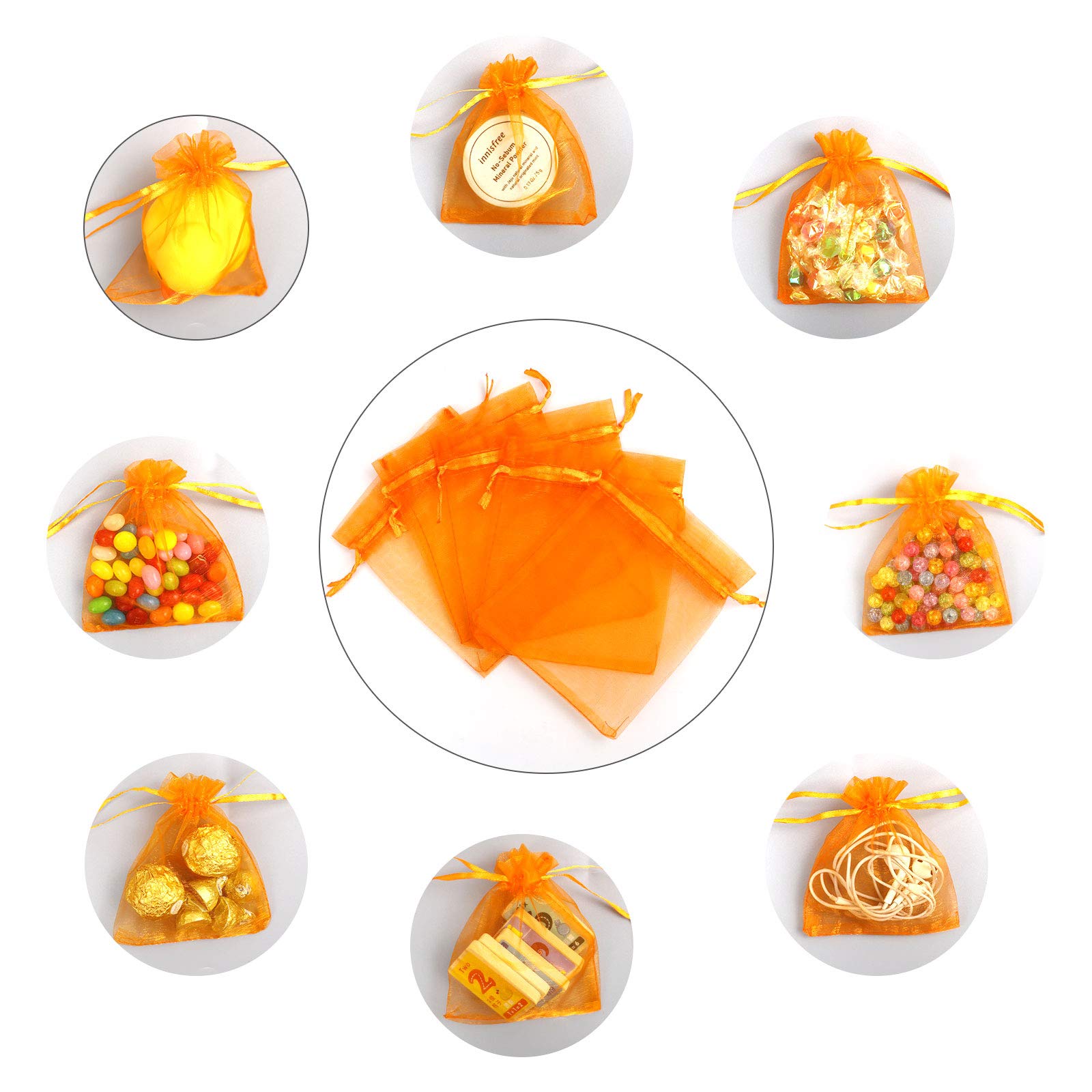 100Pcs 3x4 Inch Orange Organza Gift Bags with Drawstring - Small Mesh Bags for Christmas Favors, Wedding Party Favors, Jewelry Packaging & DIY Crafts