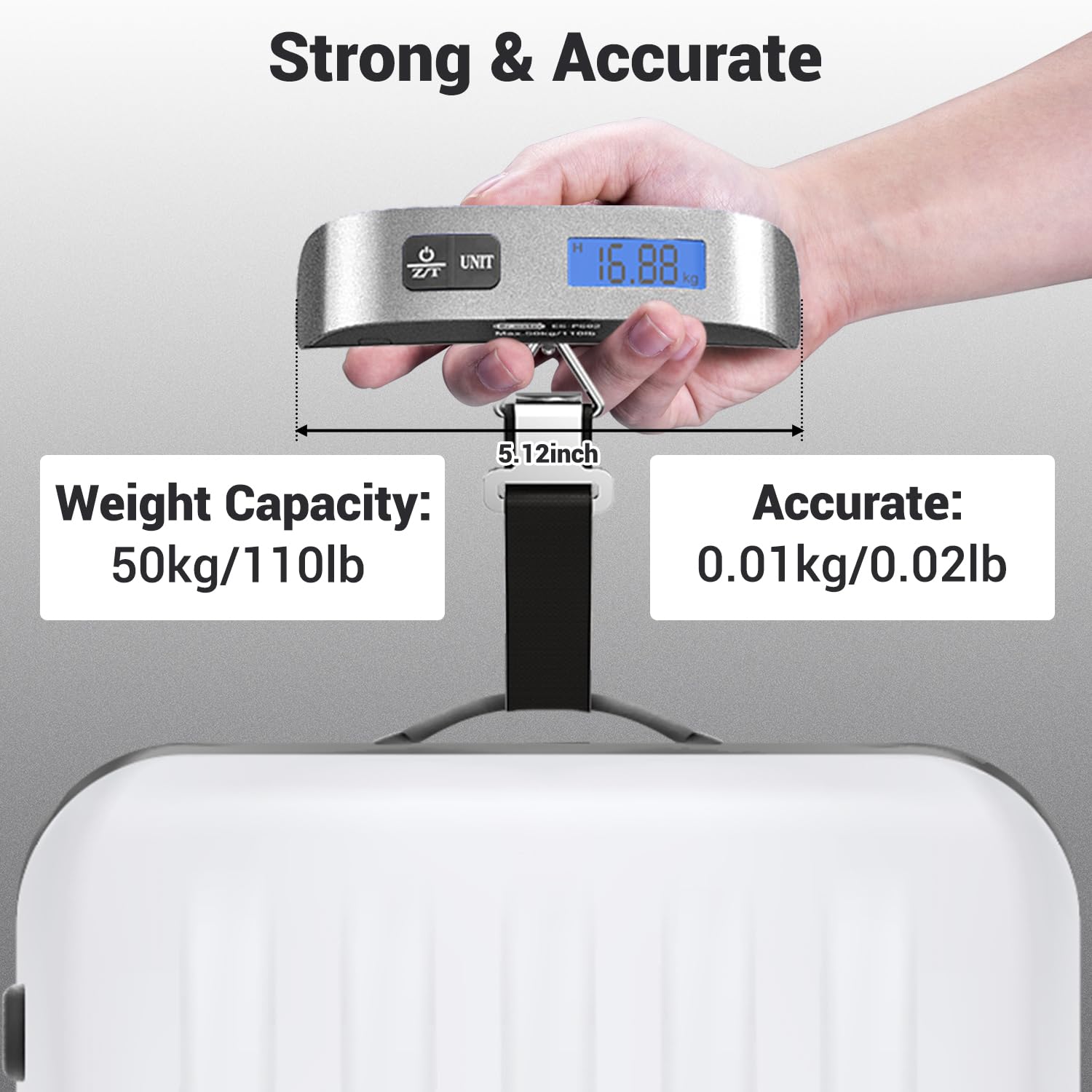 Dr.meter PS02 Digital Luggage Scale - 110lb/50kg Capacity with Backlit LCD Display, Temperature Sensor & Rubber Grip - Perfect for Air Travel, Shipping & Postal Weighing Needs (Silver)