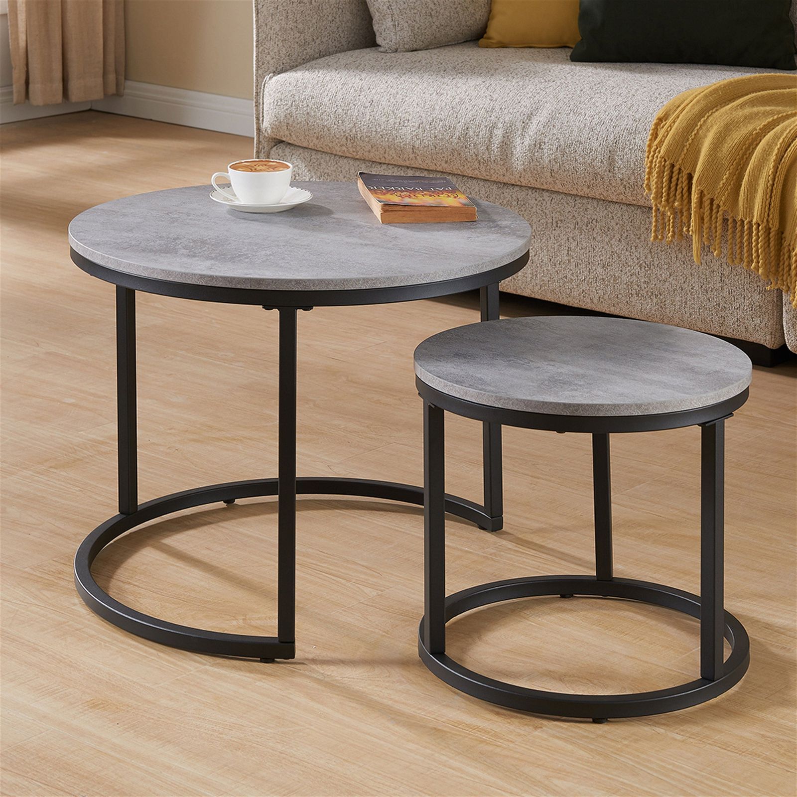 Censi ECHO 600 Nested Coffee Table Set - Modern Cement Finish Side & End Tables for Living Room, Lounge, Office - Space-Saving Nesting Design