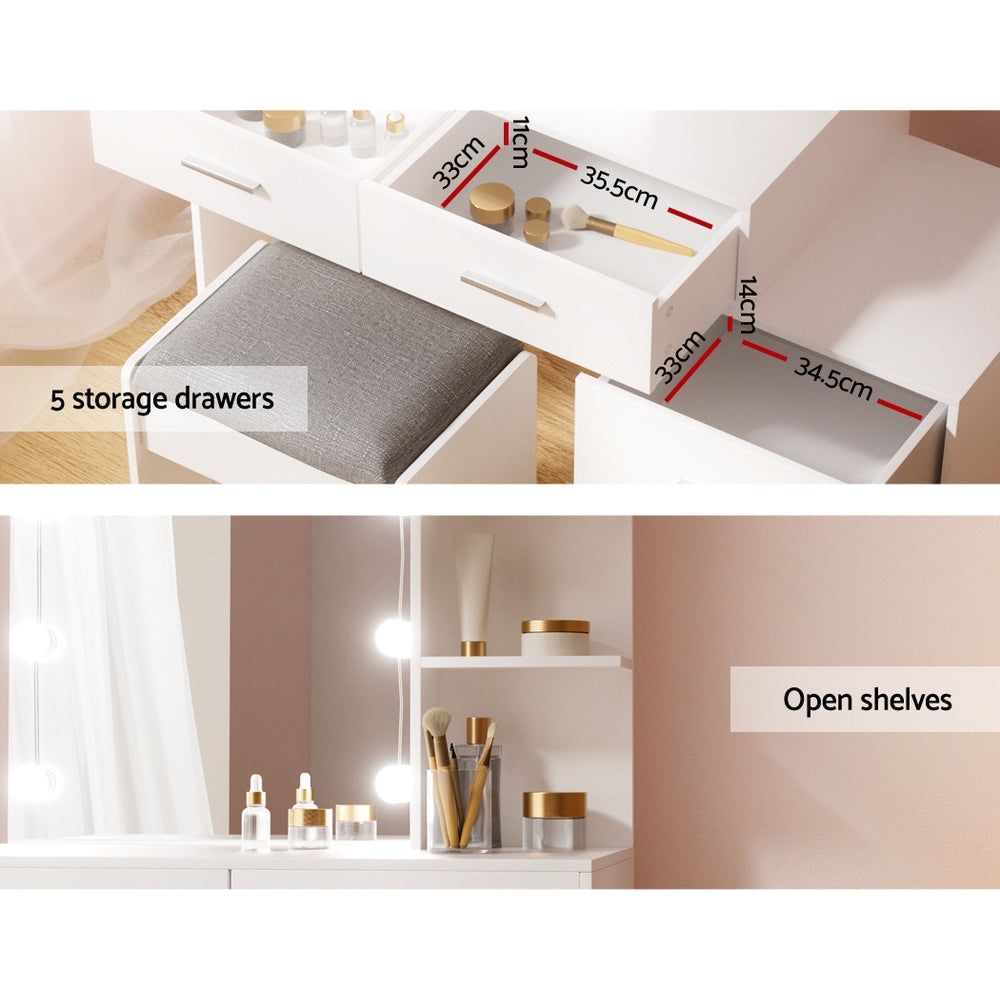 Artiss 10-LED Lighted Makeup Vanity Set with Stool - White Dressing Table for Bedroom & Bathroom | Hollywood-Style Mirror & Storage Desk for Women & Girls