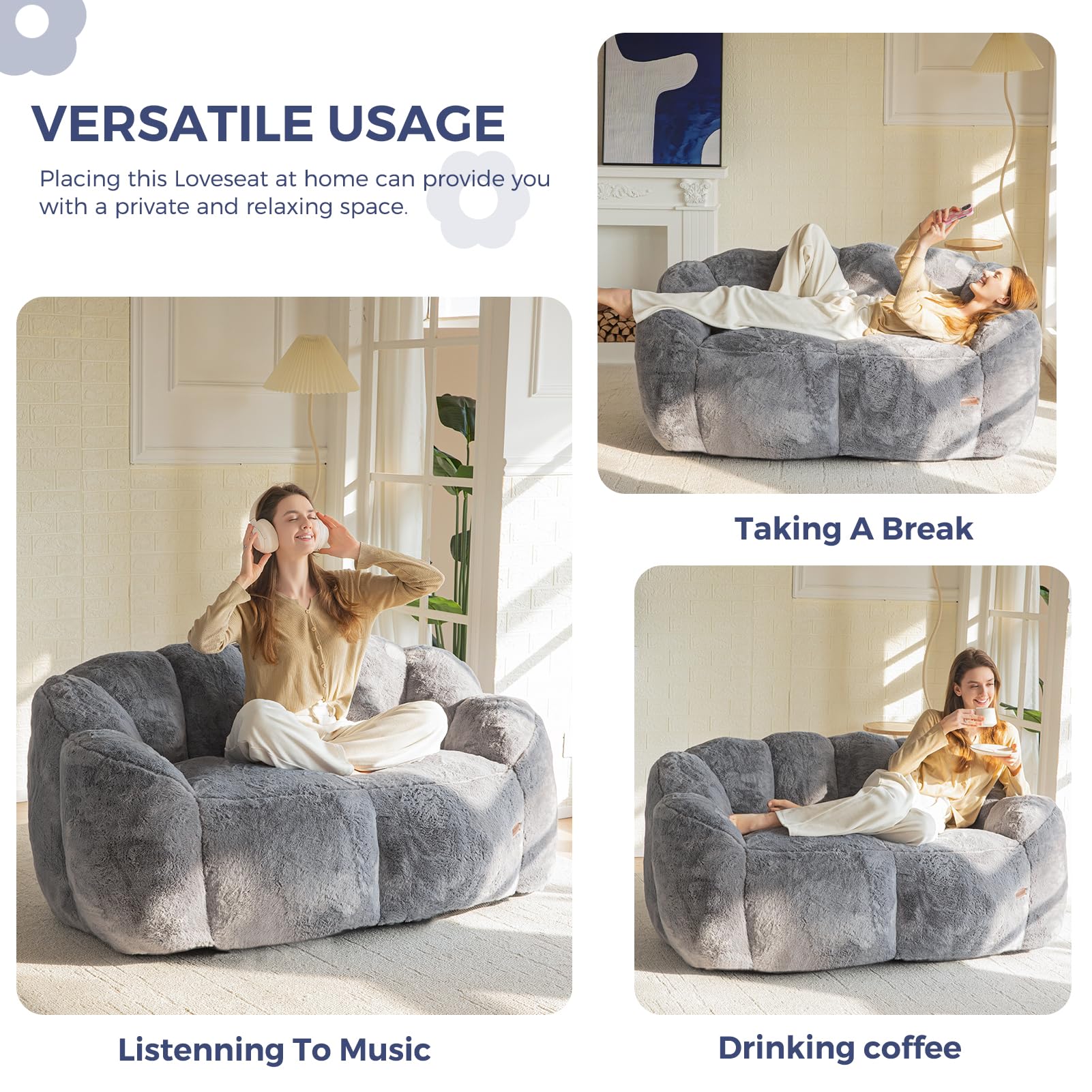 MAXYOYO Ultra Soft Faux Fur Bean Bag Chair - Double Size Loveseat with Floral Petal Back Design for Adults & Teens, Dark Grey - Perfect for Living Rooms, Bedrooms, Dorms & Game Rooms