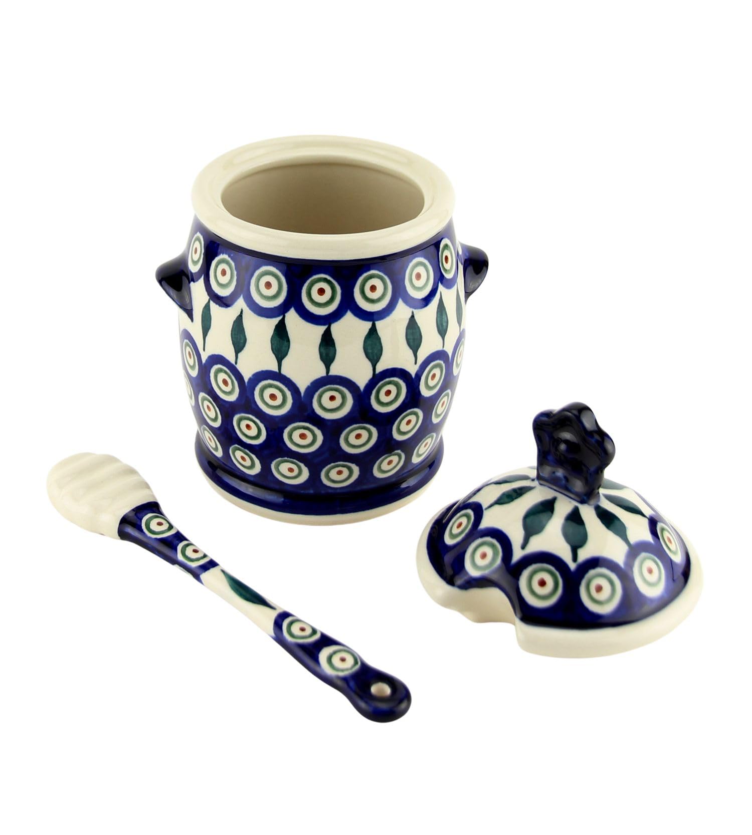 Authentic Polish Pottery Honey Pot with Dipper - Handmade in Boleslawiec, Perfect for Tea, Coffee & Kitchen Decor