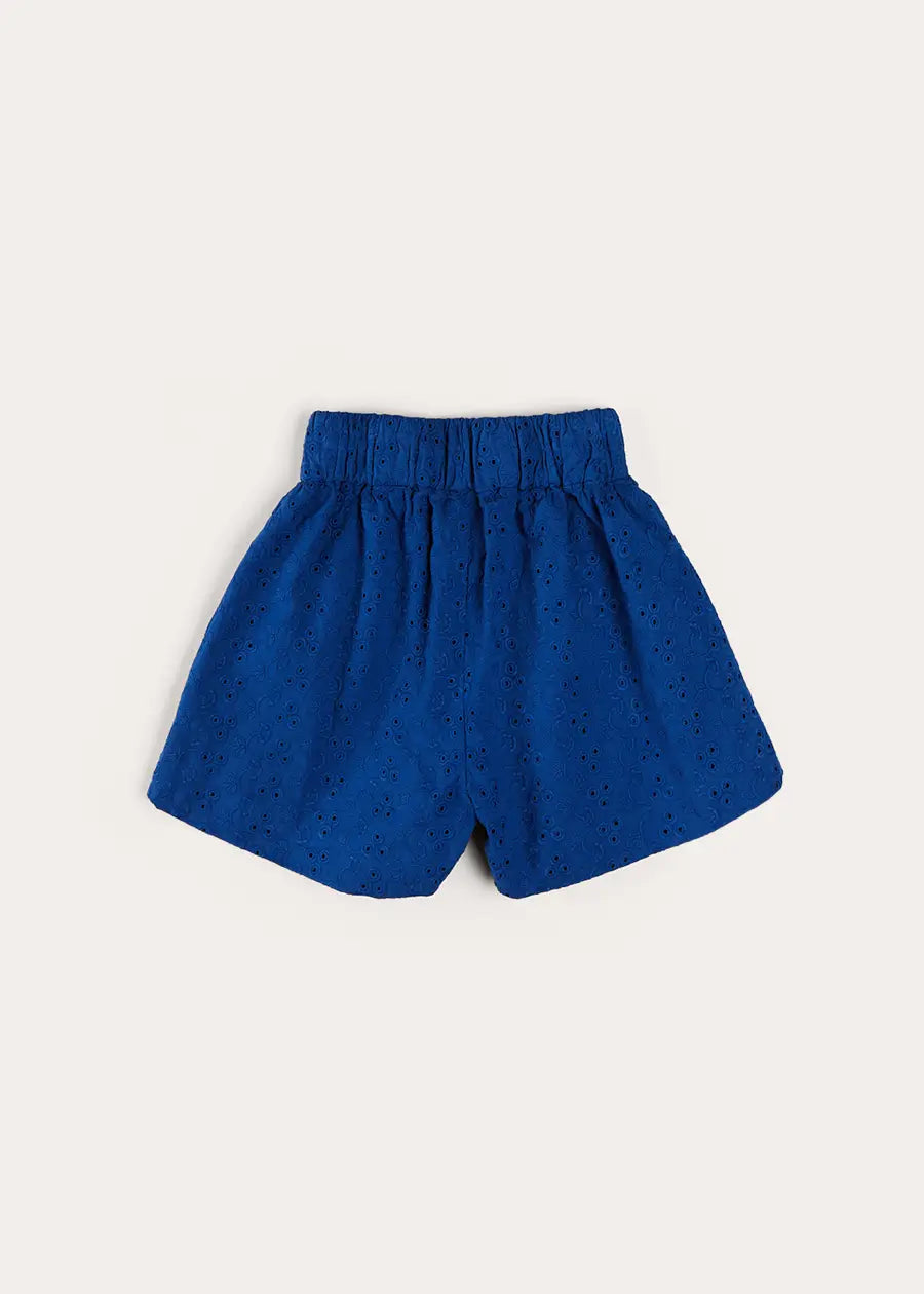 Blue Broderie Anglaise Button Detail Shorts for Girls (4-12 Years) - Perfect for Summer Outfits, Playdates, and Casual Wear