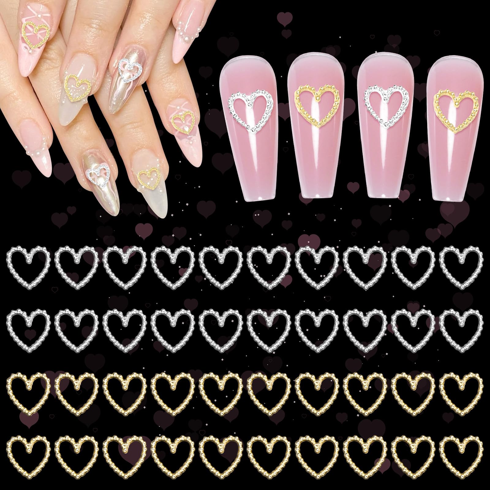 80Pcs Gold & Silver Heart Nail Art Charms - Romantic 3D Alloy Heart Nail Decorations for Women | DIY Nail Art Designs, Wedding & Valentine's Day Nail Accessories