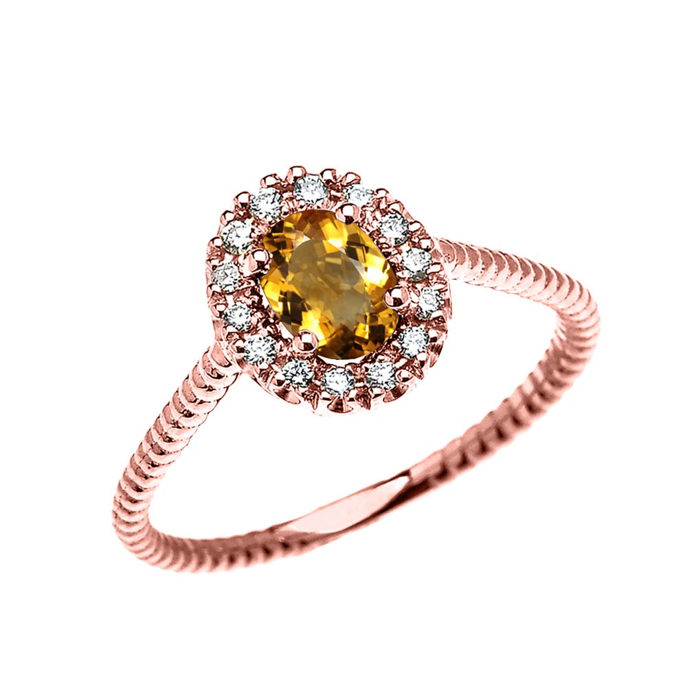 10K Rose Gold Dainty Oval Halo Diamond & Solitaire Citrine Rope Design Engagement Ring - Elegant Promise Ring for Women, Perfect for Proposals, Anniversaries & Special Occasions