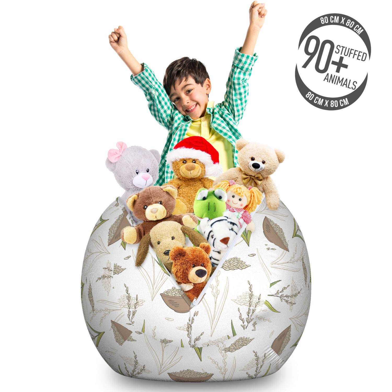 Ambesonne Large Washable Toy Storage Bag Chair - Hand Drawn Rice Plant & Bowl Design, Stuffed Animal Organizer in Warm Taupe & Reseda Green | Kids Room Decor, Playroom Storage Solution, Bean Bag Alternative