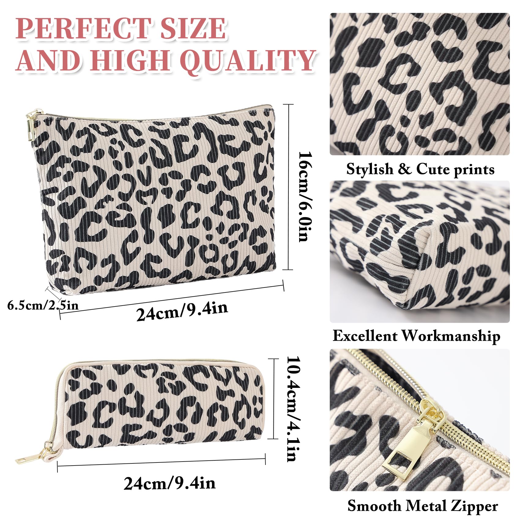 2Pcs Leopard Print Makeup Bag Set - Cute Corduroy Cosmetic Organizer & Travel Toiletry Pouch for Women Girls | Perfect for Travel, School, Gym & Car Essentials Storage | Waterproof Zippered Beauty Accessories (Leopard Pattern)