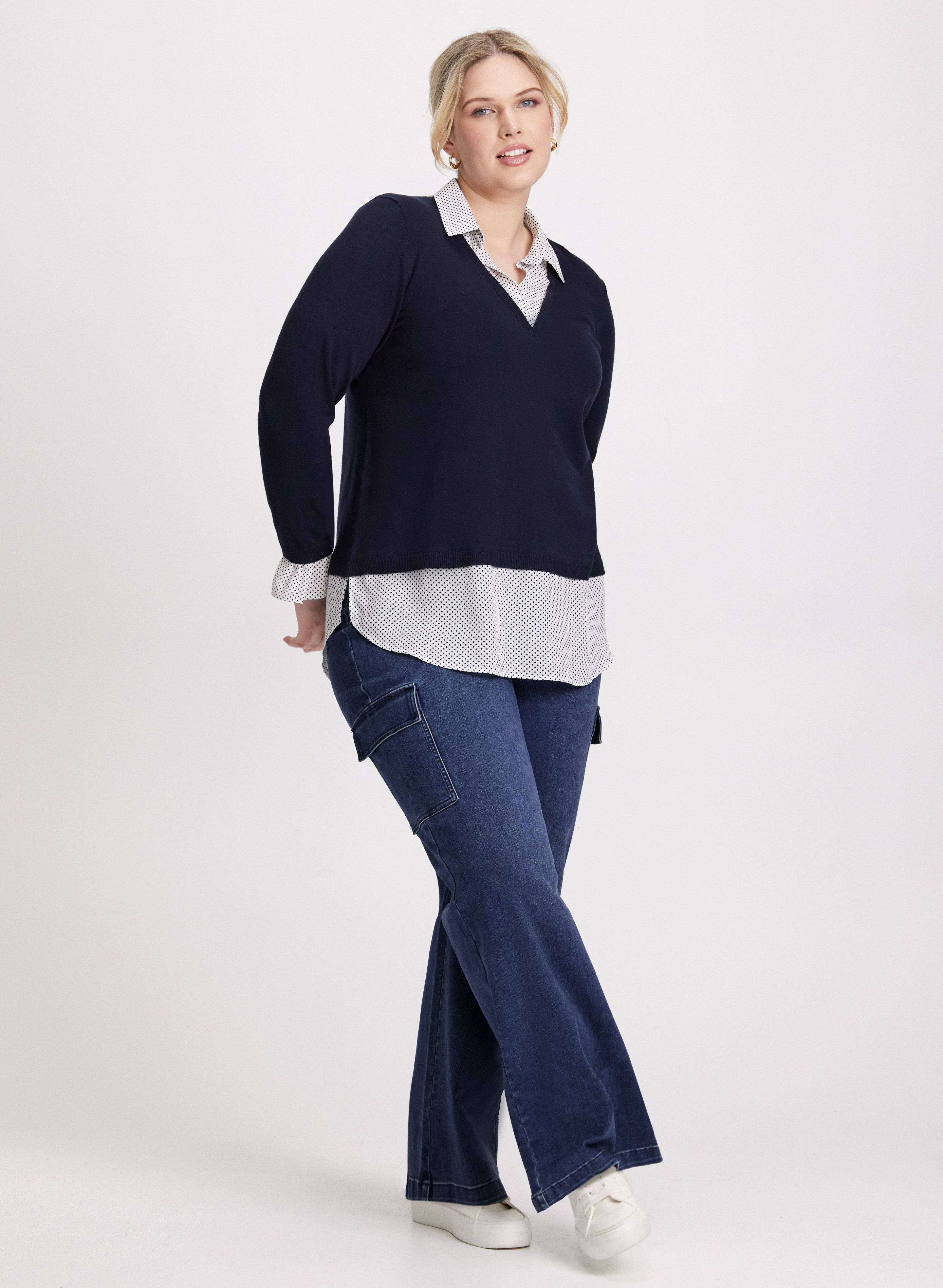 Dot Motif Fooler Sweater & Wide Leg Cargo Jeans Set - Trendy Knit Top and Casual Pants Outfit for Women | Perfect for Streetwear, Fall Fashion, and Everyday Wear