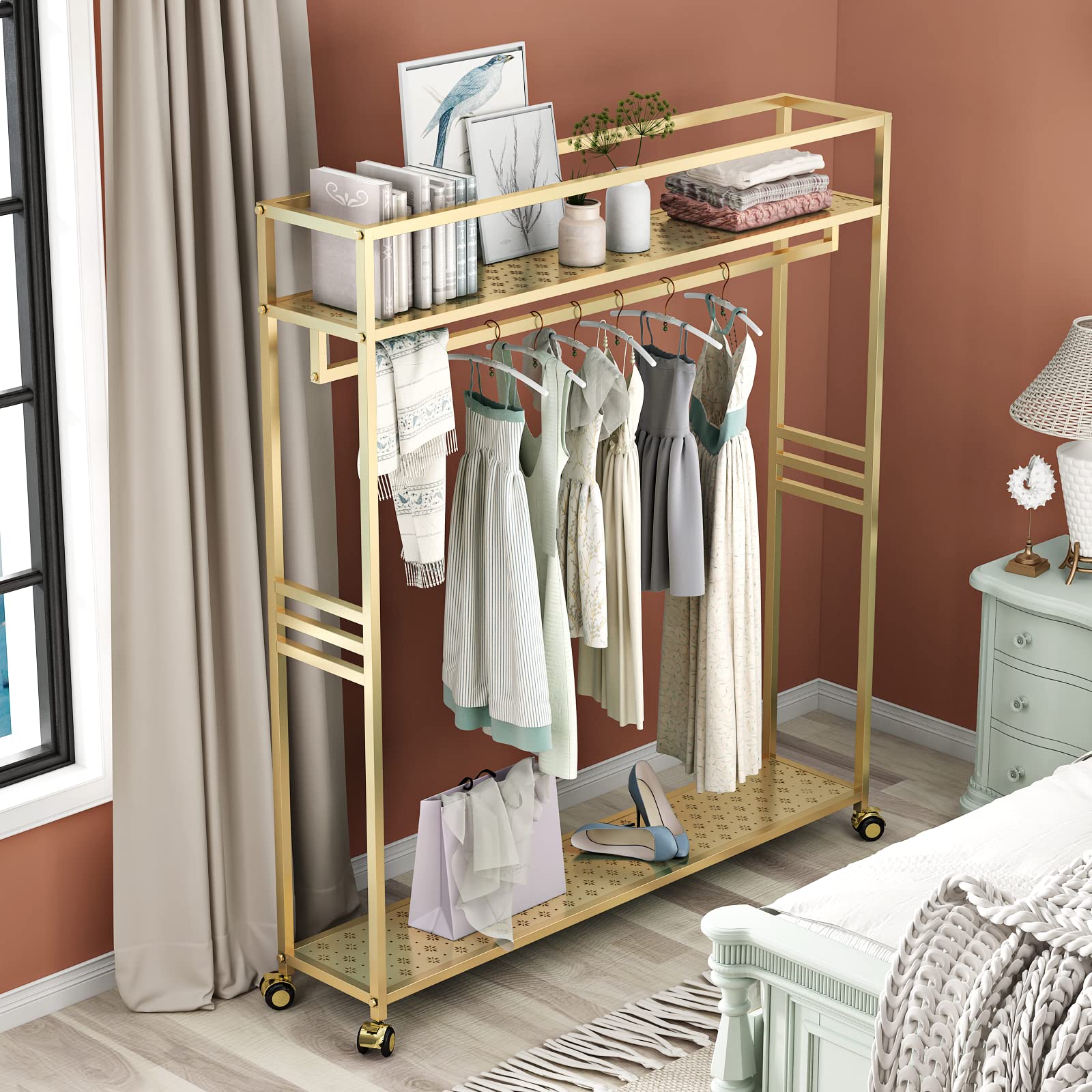 TIEOU Heavy Duty Industrial Clothing Rack with Shelves - Gold Modern Wardrobe Hanger for Closet Organization | Perfect for Bedroom, Laundry Room & Retail Store Display