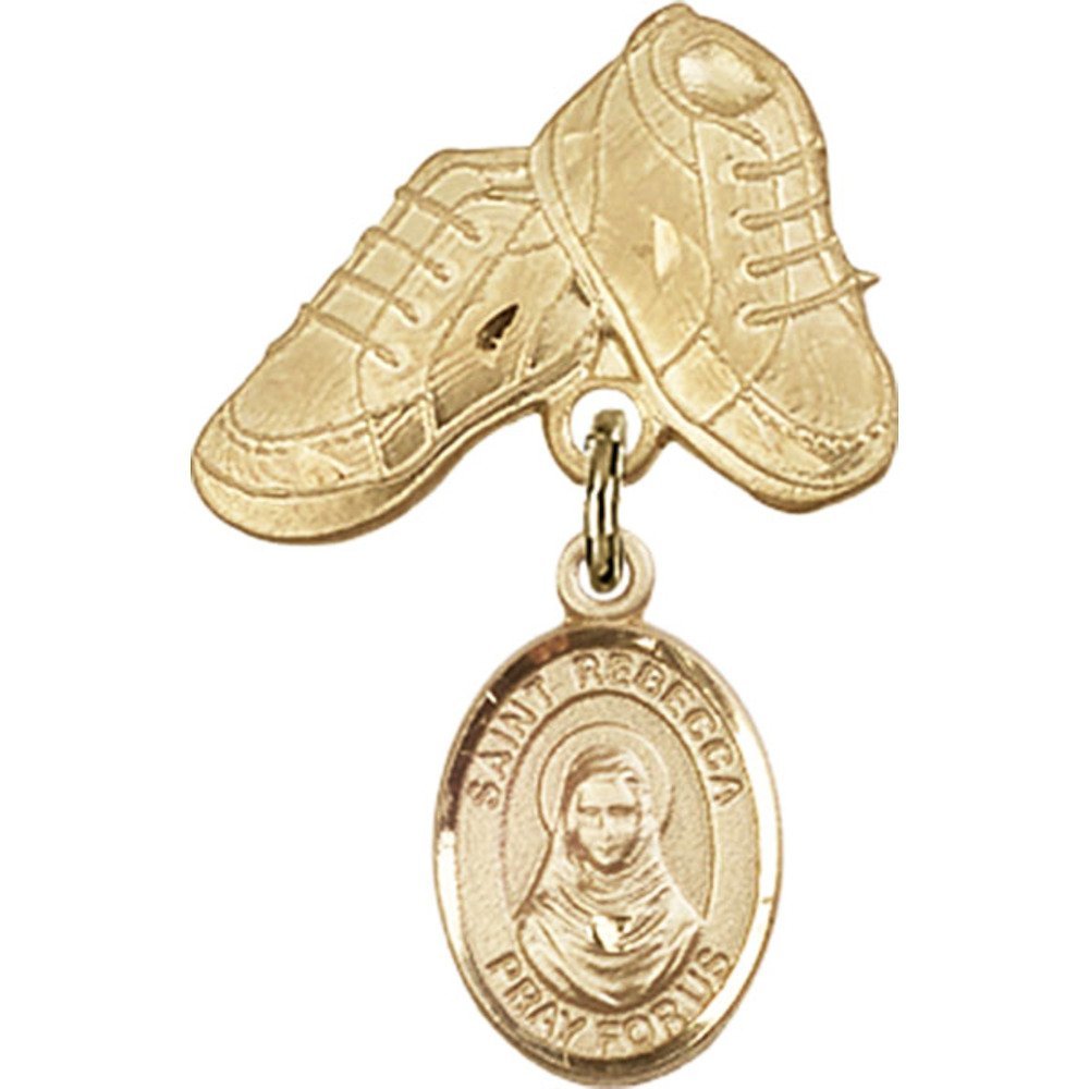 Bonyak Jewelry St. Rebecca Medal - Gold Filled Baby Badge with Charm & Boots Pin (1 X 5/8 inches) - Perfect for Baptism Gifts, Christening Jewelry & Newborn Blessings