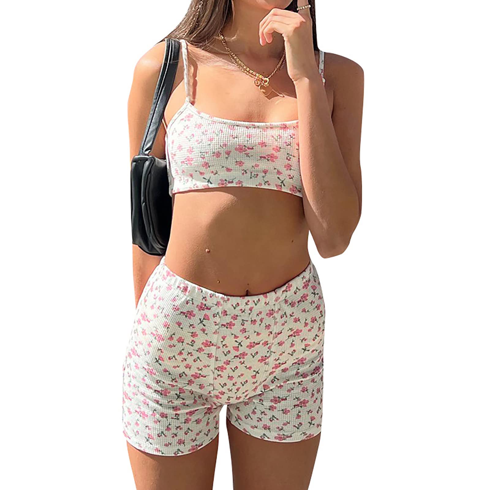 Faretumiya Women's 2-Piece Pajama Set - Floral Print Cami Crop Top & Biker Shorts, Y2K Strap Sleepwear (White, Small) | Lounge, Sleep & Summer Outfits