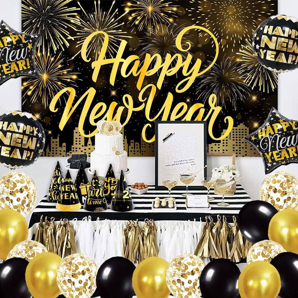 IMISHM 2025 New Year Party Decorations Set - NYE Balloons, Banner, Hats, Glasses & Foil Curtains for New Year's Eve Celebrations, Countdown Parties & Home Decor