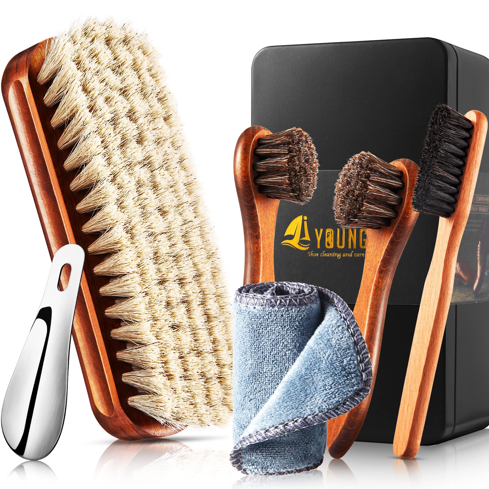 6-Piece Horsehair Shoe Brush Kit - Premium Leather Care & Polishing Set with Applicators, Daubers & Cleaning Cloth in Case - Perfect for Shoe Shine, Boot Care & Leather Accessories Maintenance