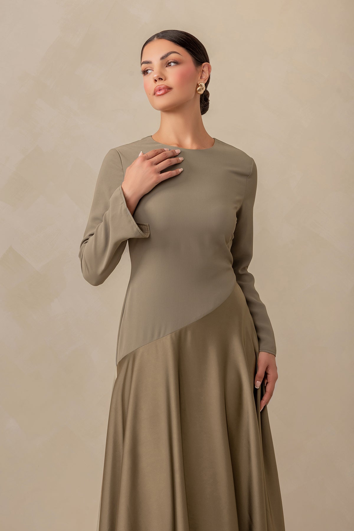 Anastasia Asymmetric Long Sleeve Maxi Dress in Olive Green - Elegant Evening Gown for Weddings, Parties & Special Occasions