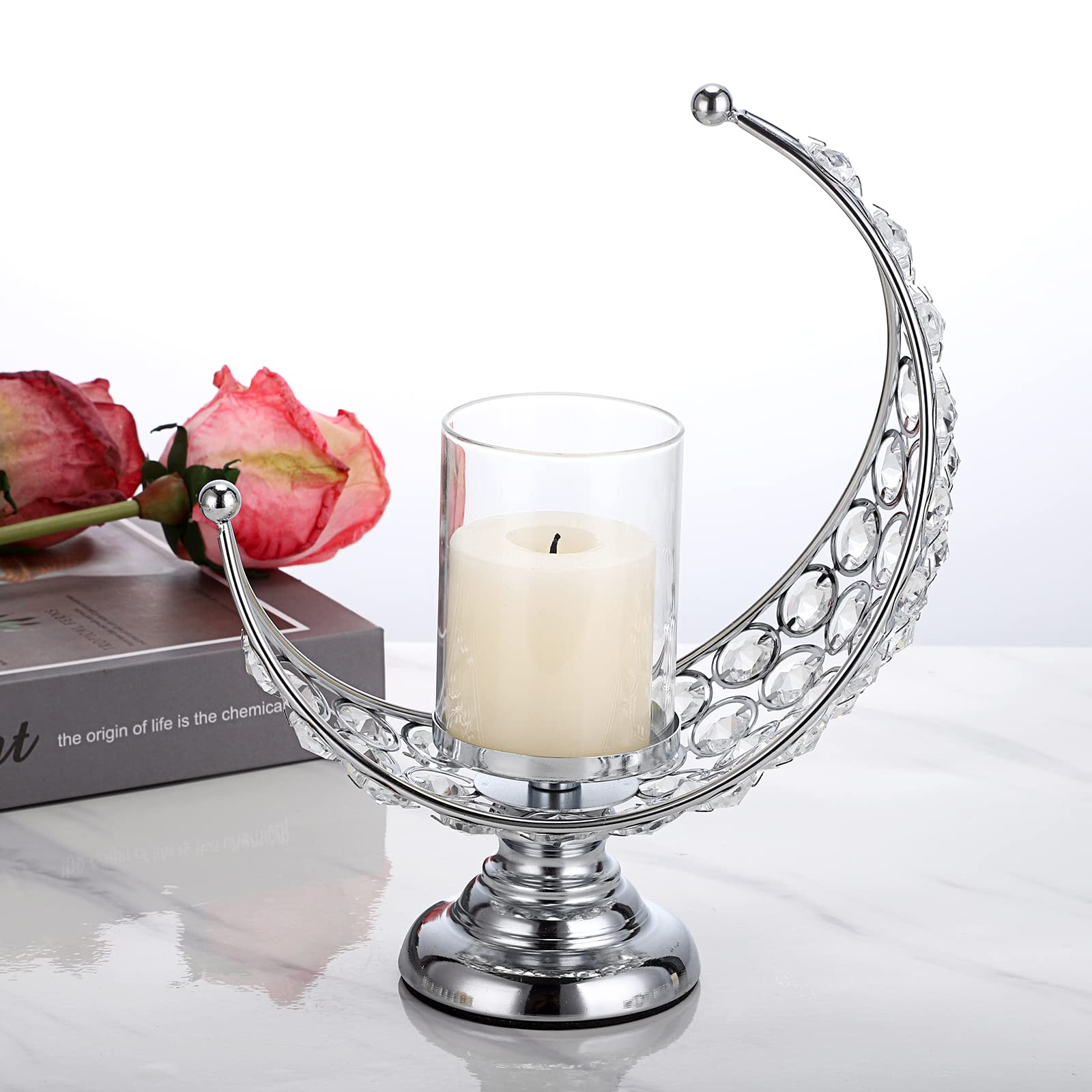 Set of 2 Silver Moon Crystal Pillar Candle Holders with Glass Covers - Elegant Tealight & Votive Candle Stands for Wedding, Home Decor, Table Centerpiece & Romantic Ambiance