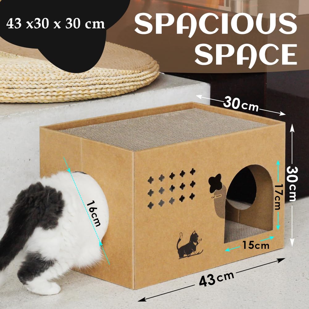 Durable Cat Cardboard House with 2 Scratching Pads - Large Cat Scratcher Bed & Lounge for Indoor Cats - Corrugated Detachable Cat Scratcher Box (Cactus Design) - Perfect for Playtime, Napping & Claw Maintenance