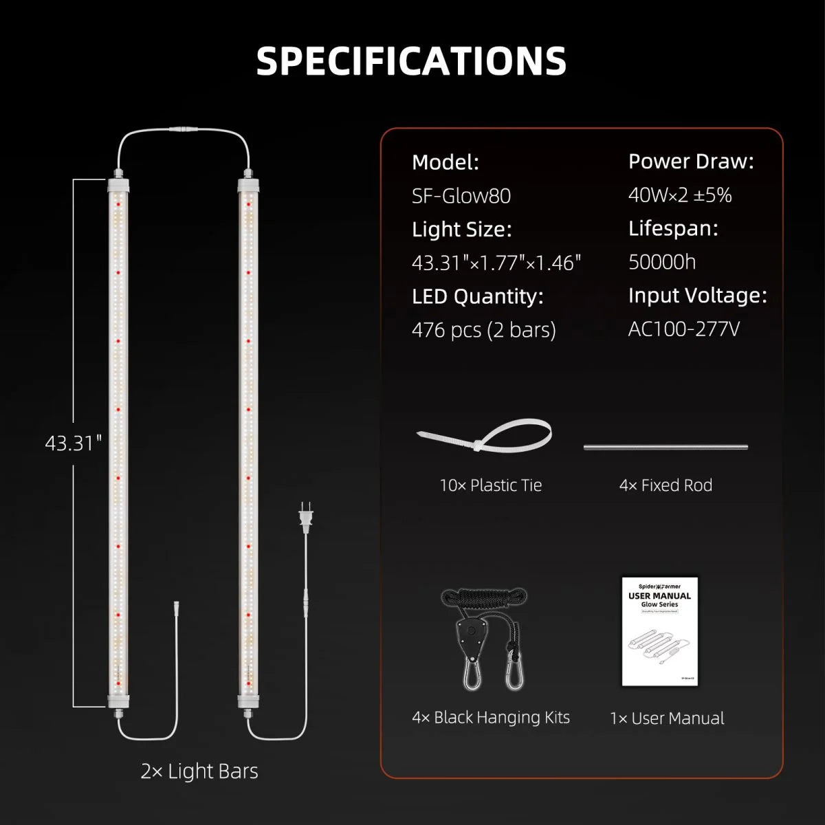 Spider Farmer Glow80 LED Grow Light for Indoor Plants - Full Spectrum Veg Bar with High Efficiency - Perfect for Hydroponics, Greenhouses & Home Gardening
