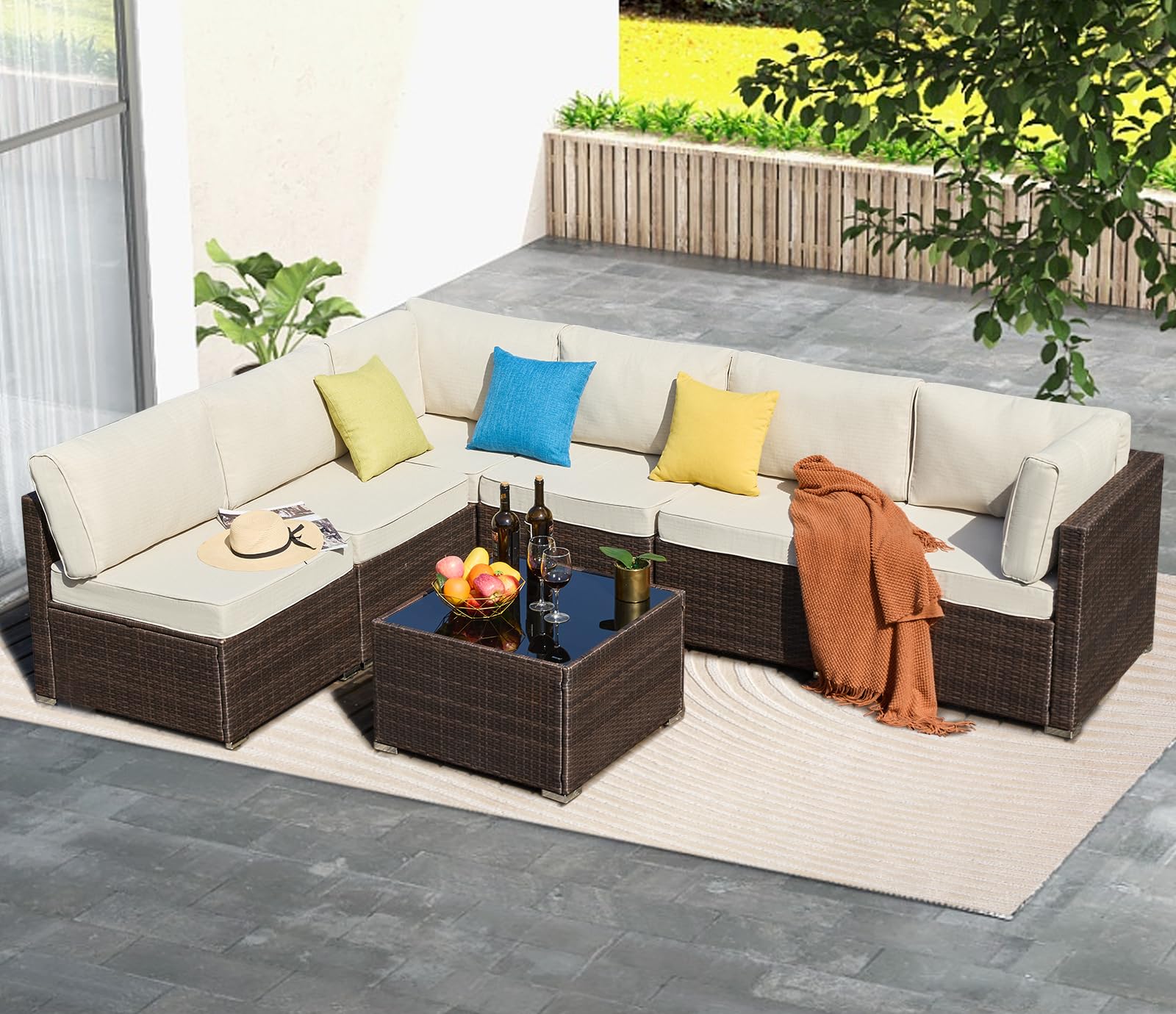 7-Piece All-Weather Wicker Patio Furniture Set with Cushions & Coffee Table - Outdoor Sectional Conversation Set for Garden, Poolside, Backyard (Brown) | Perfect for Relaxing, Entertaining & Outdoor Gatherings