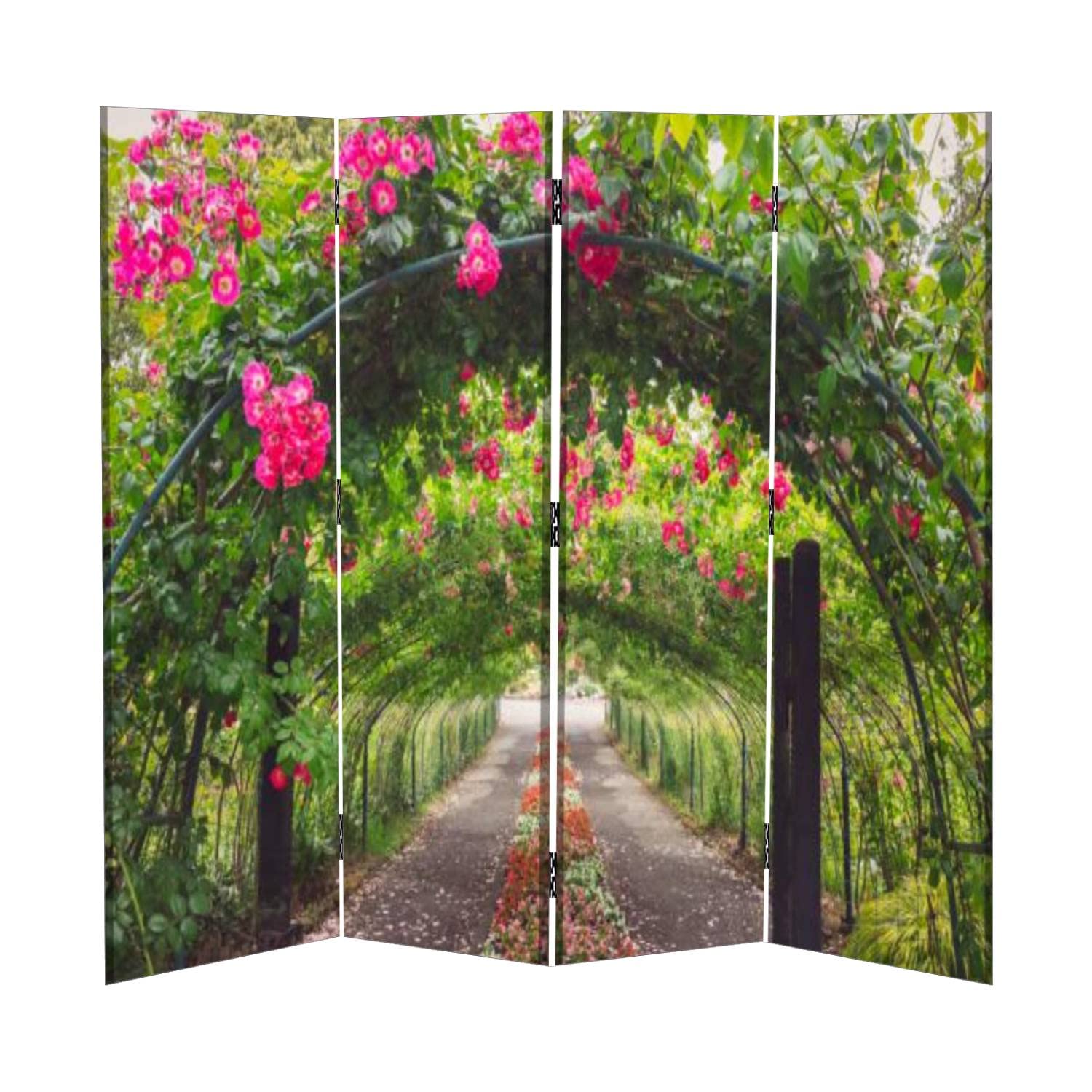 4 Panel Canvas Room Divider Screen with Pink Rose Arbor Design - Folding Privacy Partition for Bedroom, Office & Living Space | Temporary Wall Divider for Home Decor & Space Separation