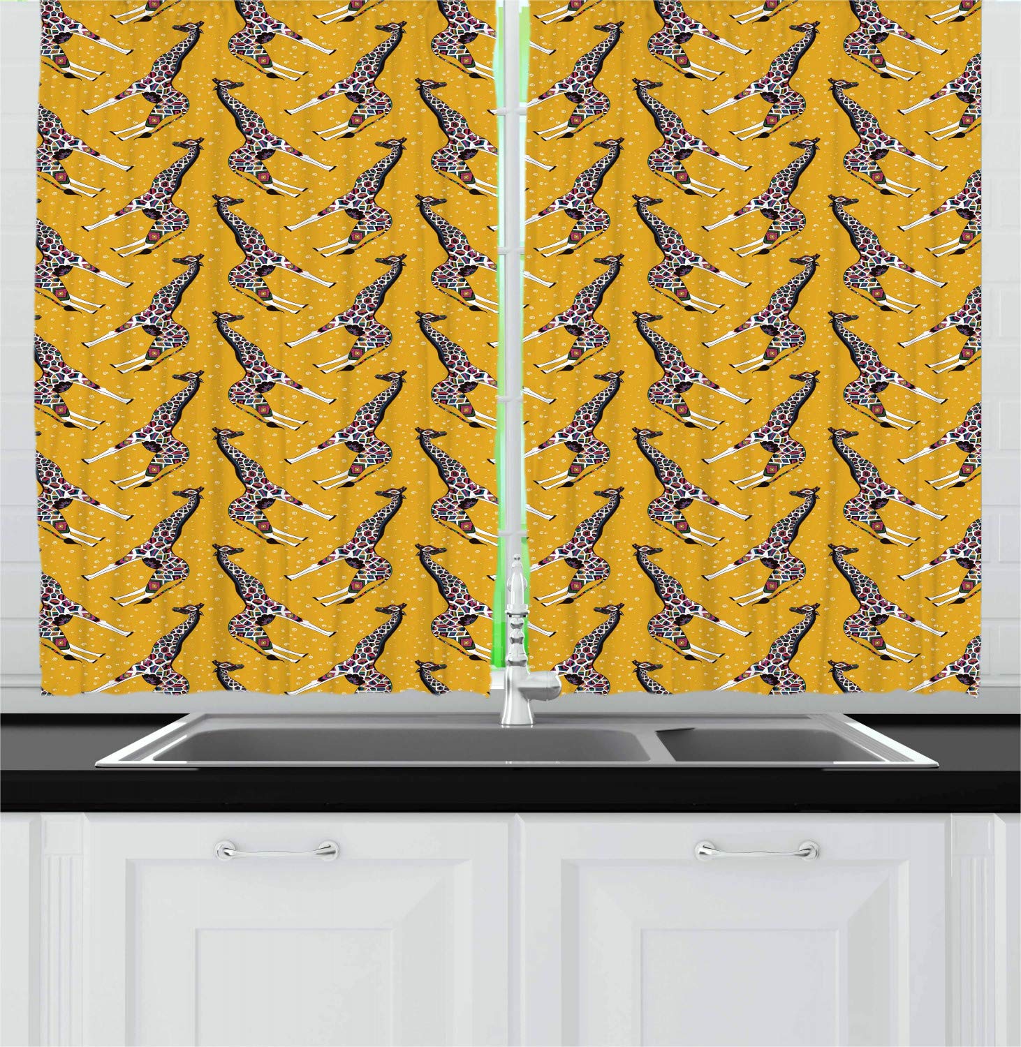 Ambesonne Giraffe Print Kitchen Curtains - 2 Panel Set with Ornamental Animal Patterns in Yellow & Multicolor Swirls, 55