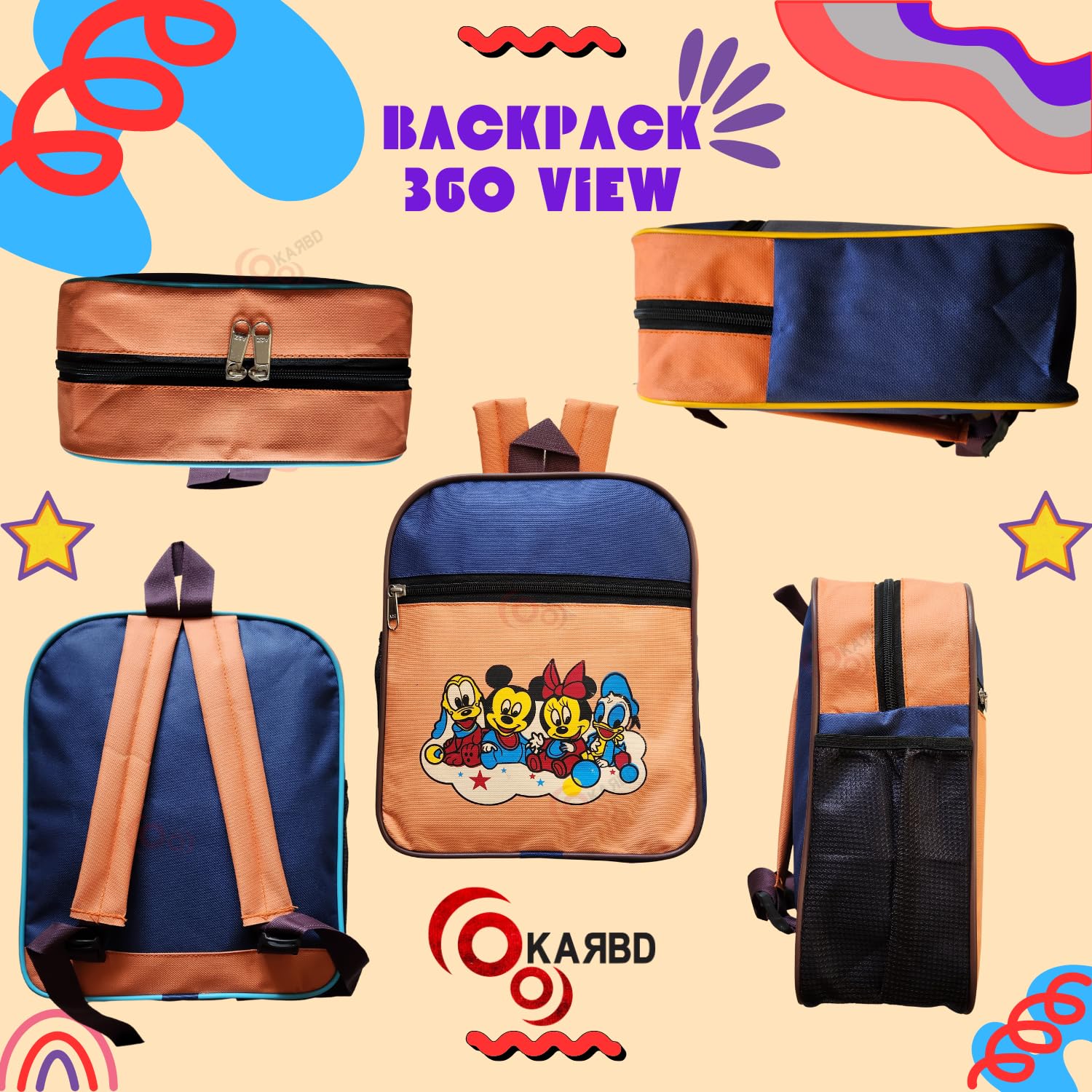 KARBD Kids Backpack for Boys & Girls - 12 Inch School Bag with Multiple Pockets, Compartments & Bottle Holder - Mickey Mouse Cartoon Design (Orange/Blue) - Perfect for School, Travel & Daily Use