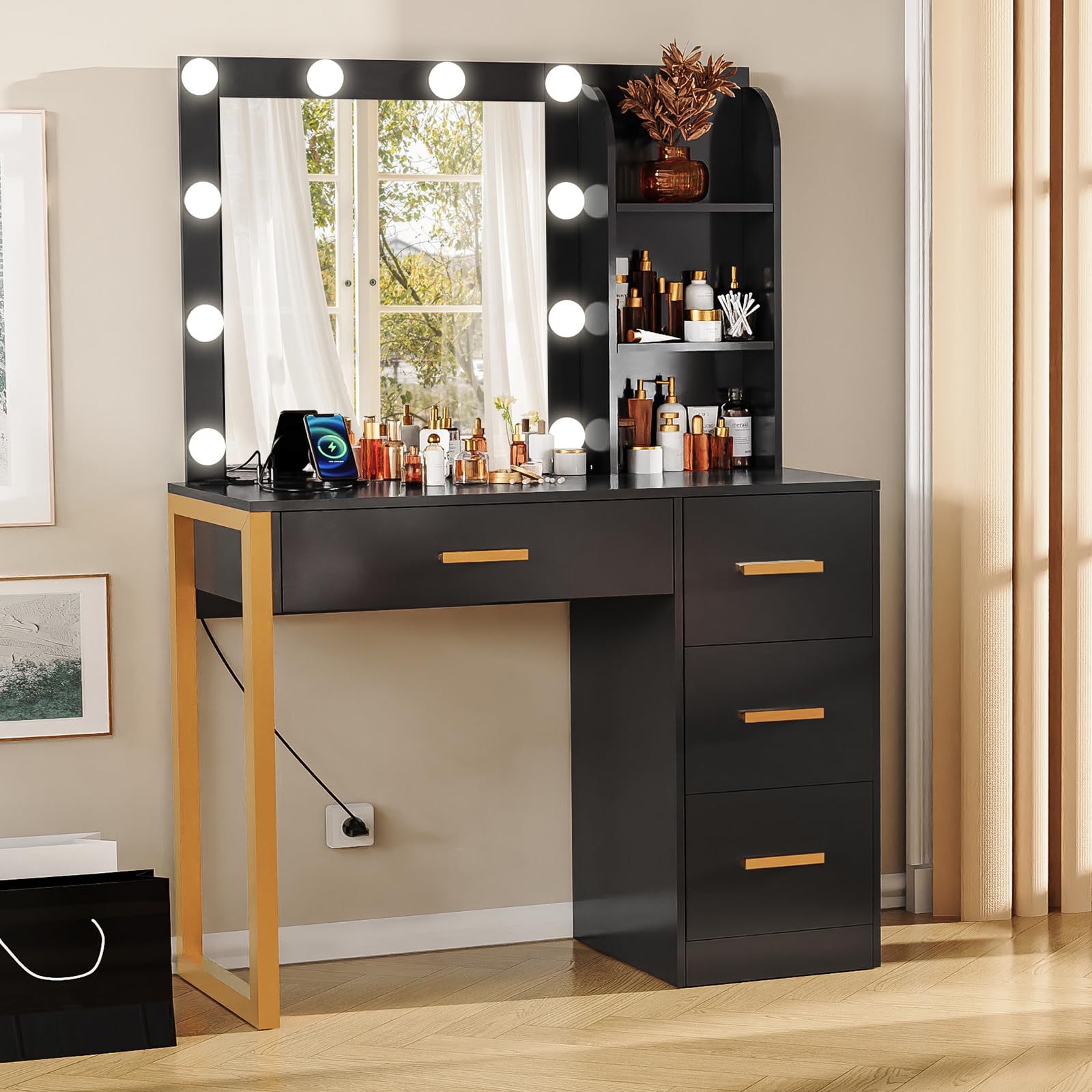 Elegant Makeup Vanity Desk with LED Lights & Mirror, 4 Drawers & USB Charging Station, Dressing Table with Open Storage Shelves & 3 Color Modes - Perfect for Bedroom, Home Salon & Beauty Room (Black)
