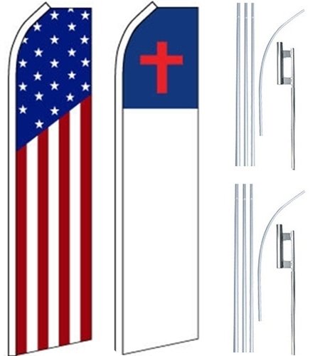 2 Pack Business Ad Swooper Flutter Feather Flags with Poles - USA Flag & Christian Theme - Perfect for Outdoor Advertising, Church Events, and Patriotic Decorations