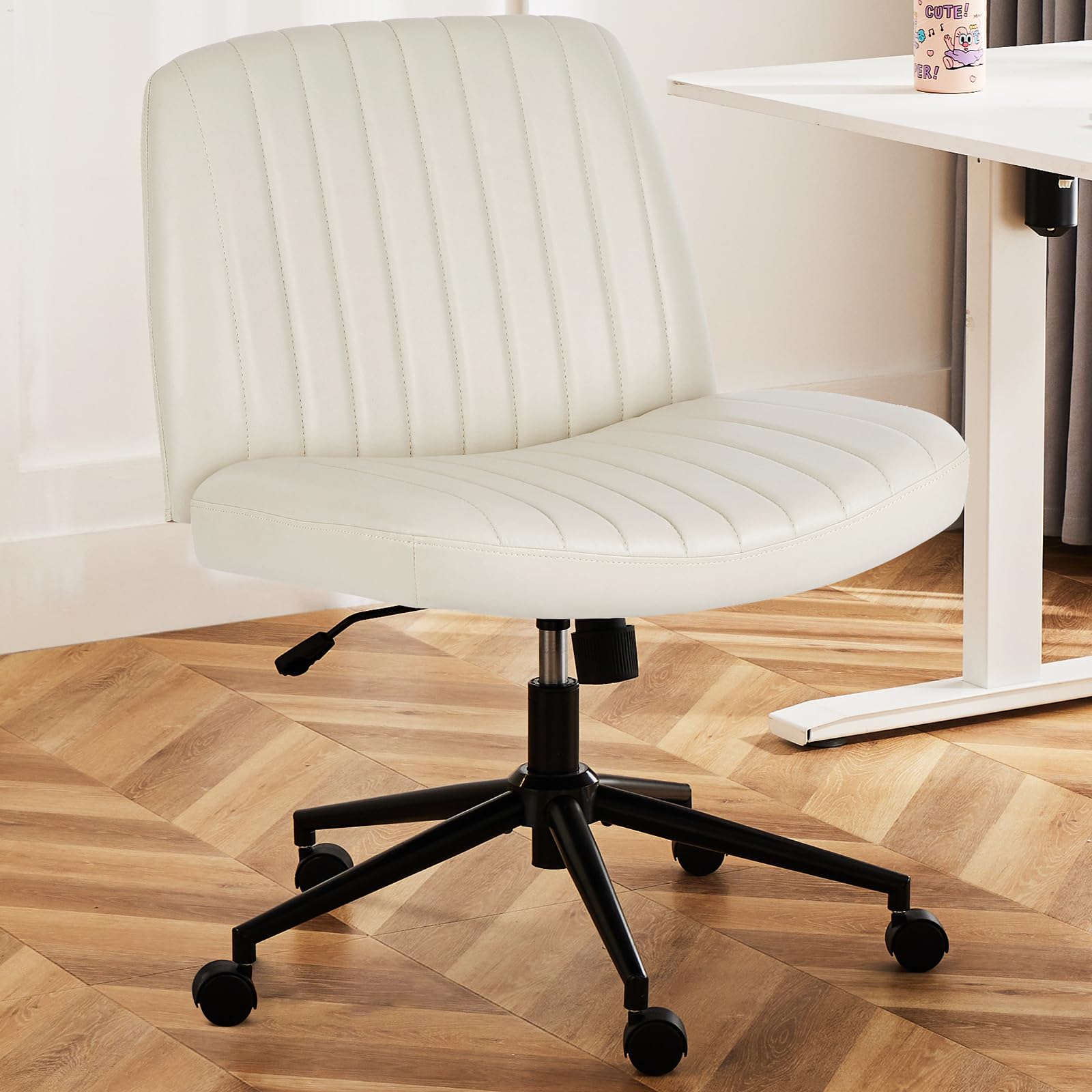 DUMOS Criss Cross Chair with Wheels - Adjustable Swivel Office Chair, Armless Wide Seat with Dual-Purpose Base, Leather Task Vanity Chair for Home Office & Workspace (Cream) - Perfect for Desk Work, Gaming & Study