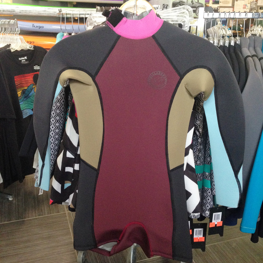 Billabong TEEN 2mm Springsuit Surf Wetsuit - Long Sleeve Shorty Mulberry for Surfing, Swimming & Water Sports | USED